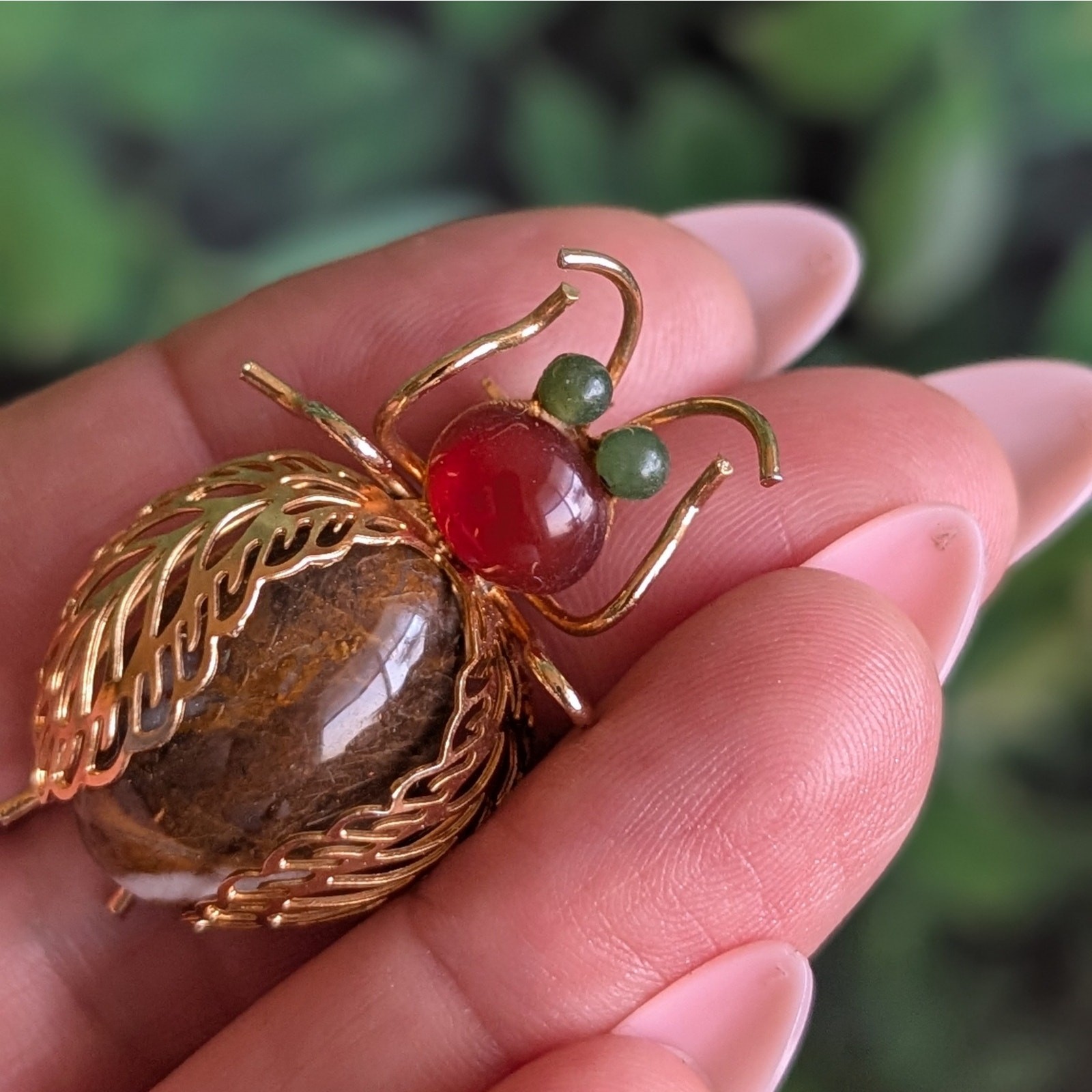 Vintage Beetle Brooch Gemstone Gold Tone Insect Pin Agate Stone Figural Bug