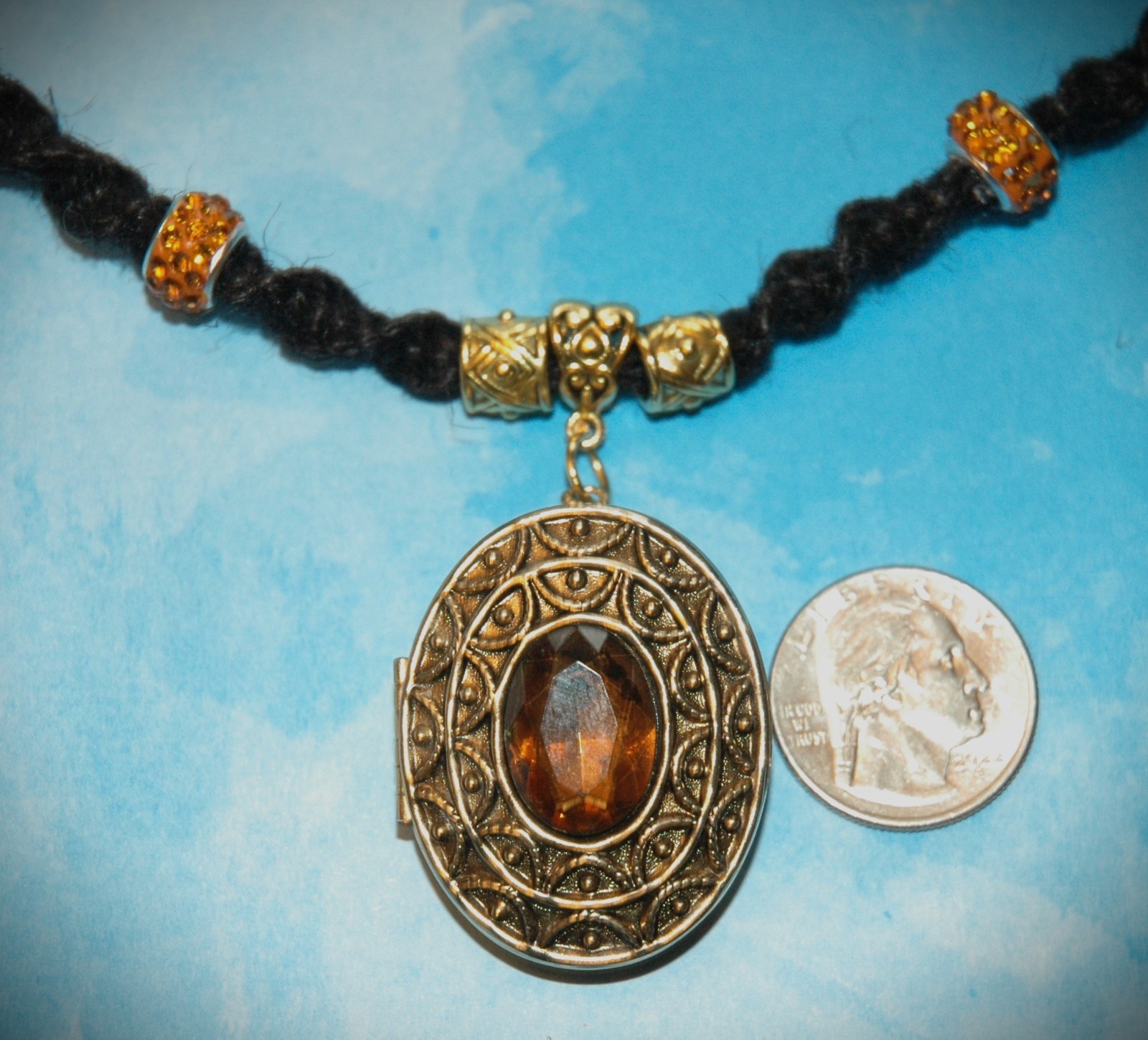 Vintage 1966 Avon Perfume Locket on a Handmade 20″ Black Hemp Chain