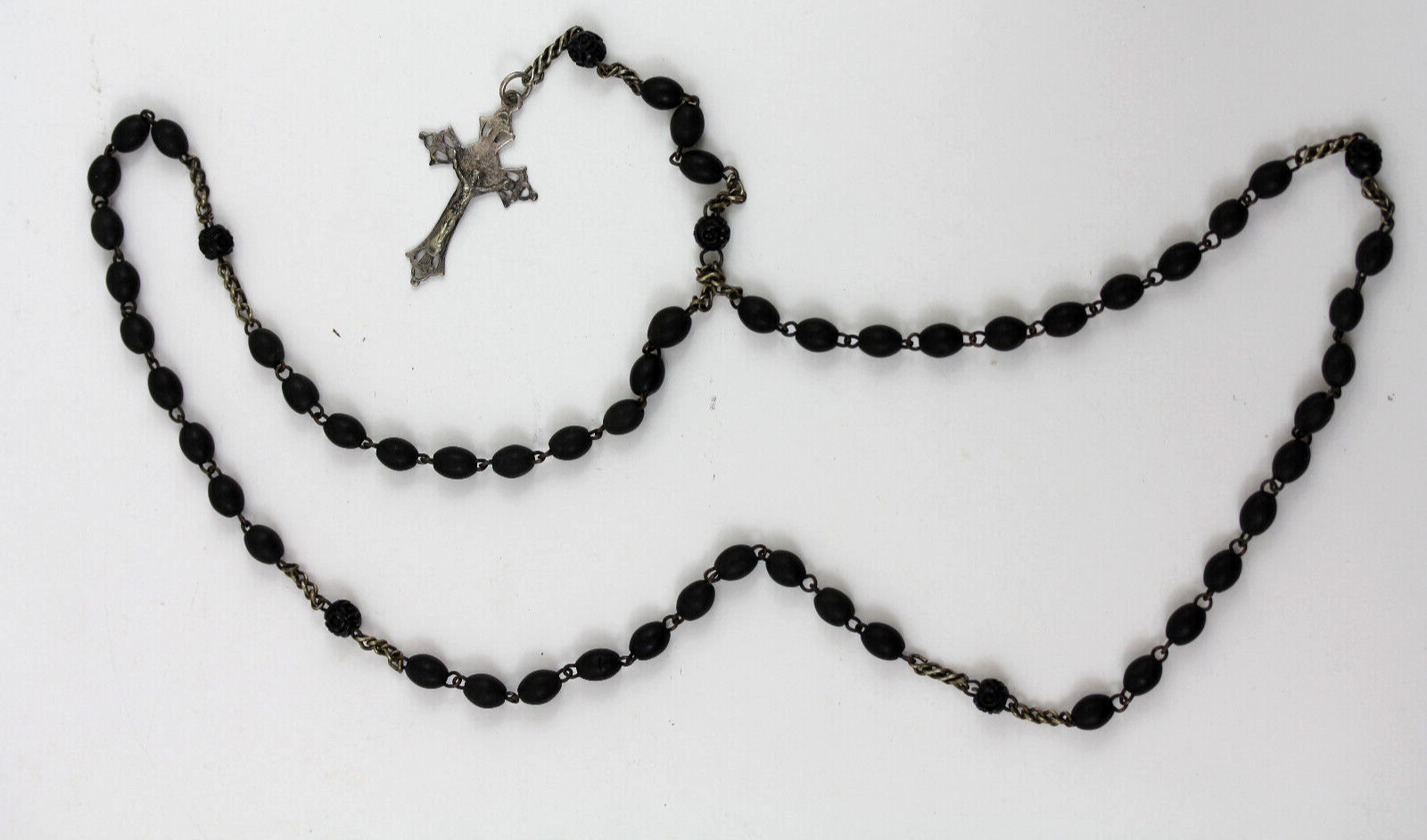 ANTIQUE ROSE ROSARY BEADS CROSS CRUCIFIX STERLING SILVER CHAIN 925 PRAYER