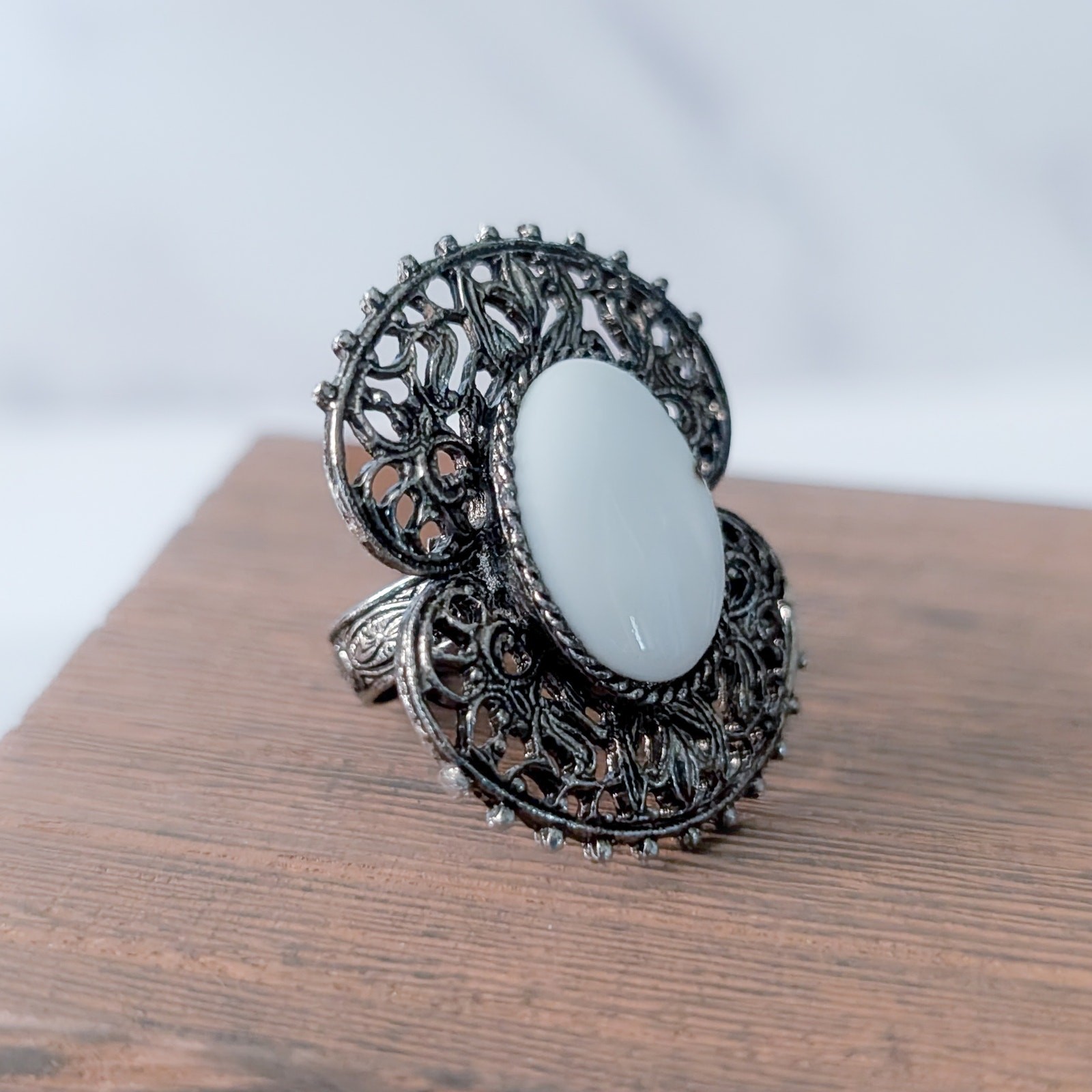 Vintage Ring Extra Large Dark Silver Tone with White Center Statement