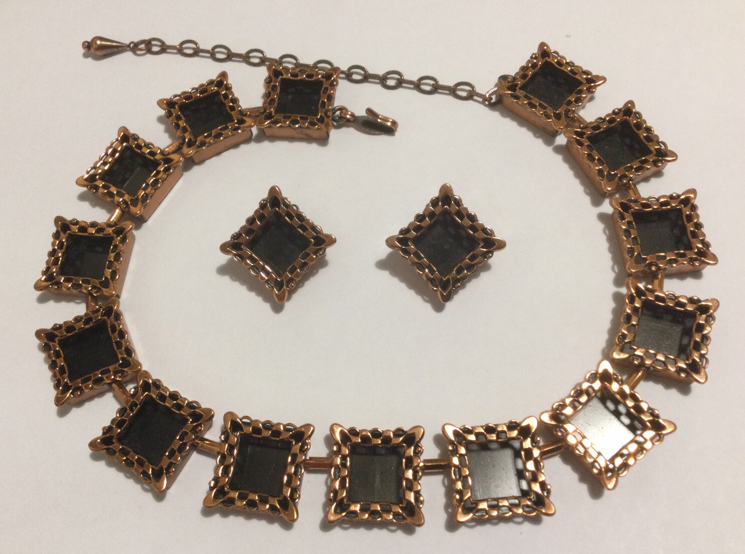 VTG signed Renoir/ Matisse Set Necklace & Earrings Bronze Black Enamel 17.5 in