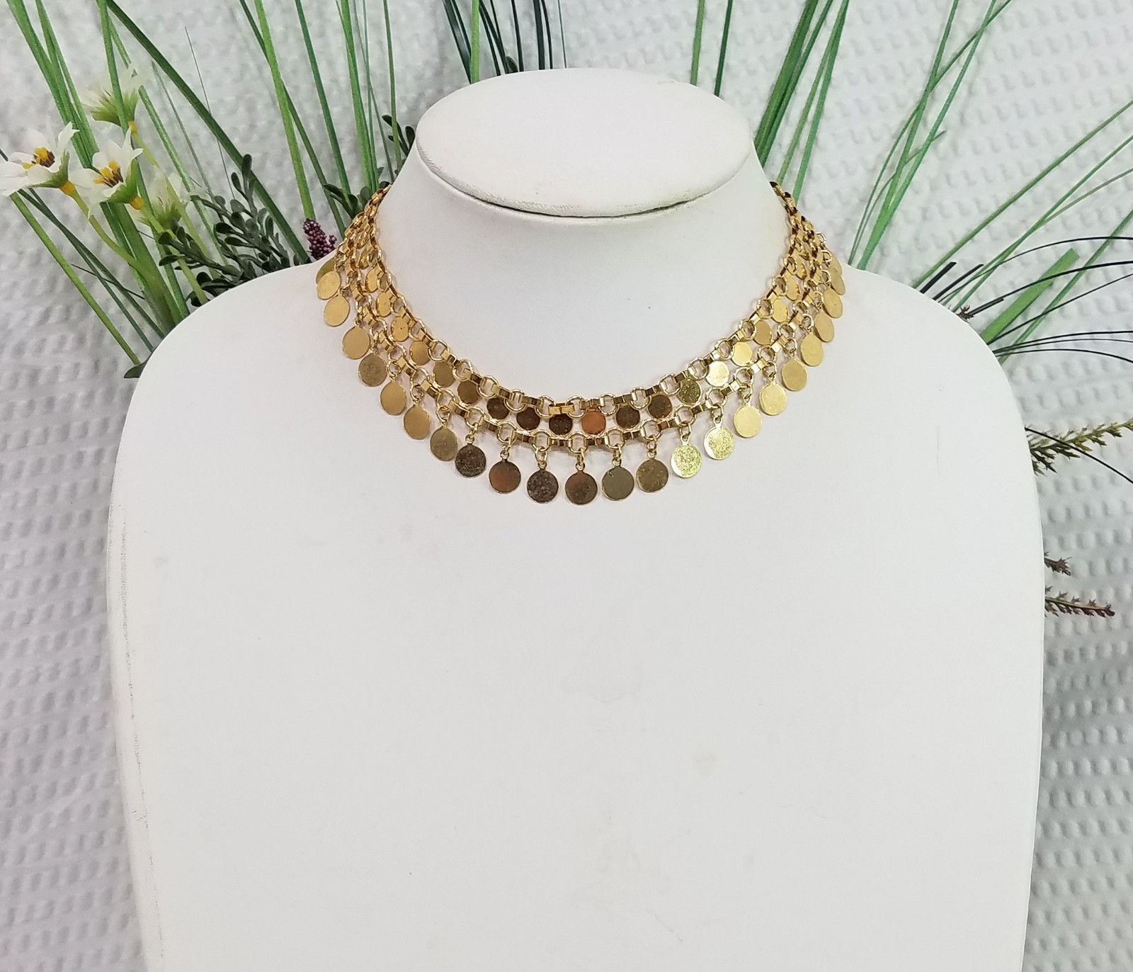 Vintage Gold Tone Tassel Mesh Disk Chain Link Byzantine Design Choker Necklace