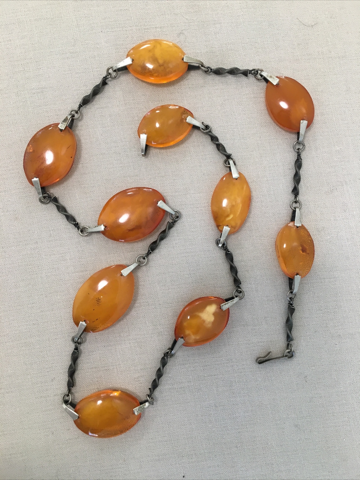 ANTIQUE AMBER NECKLACE BUTTERSCOTCH + SILVER CHAIN STAMPED 9RK