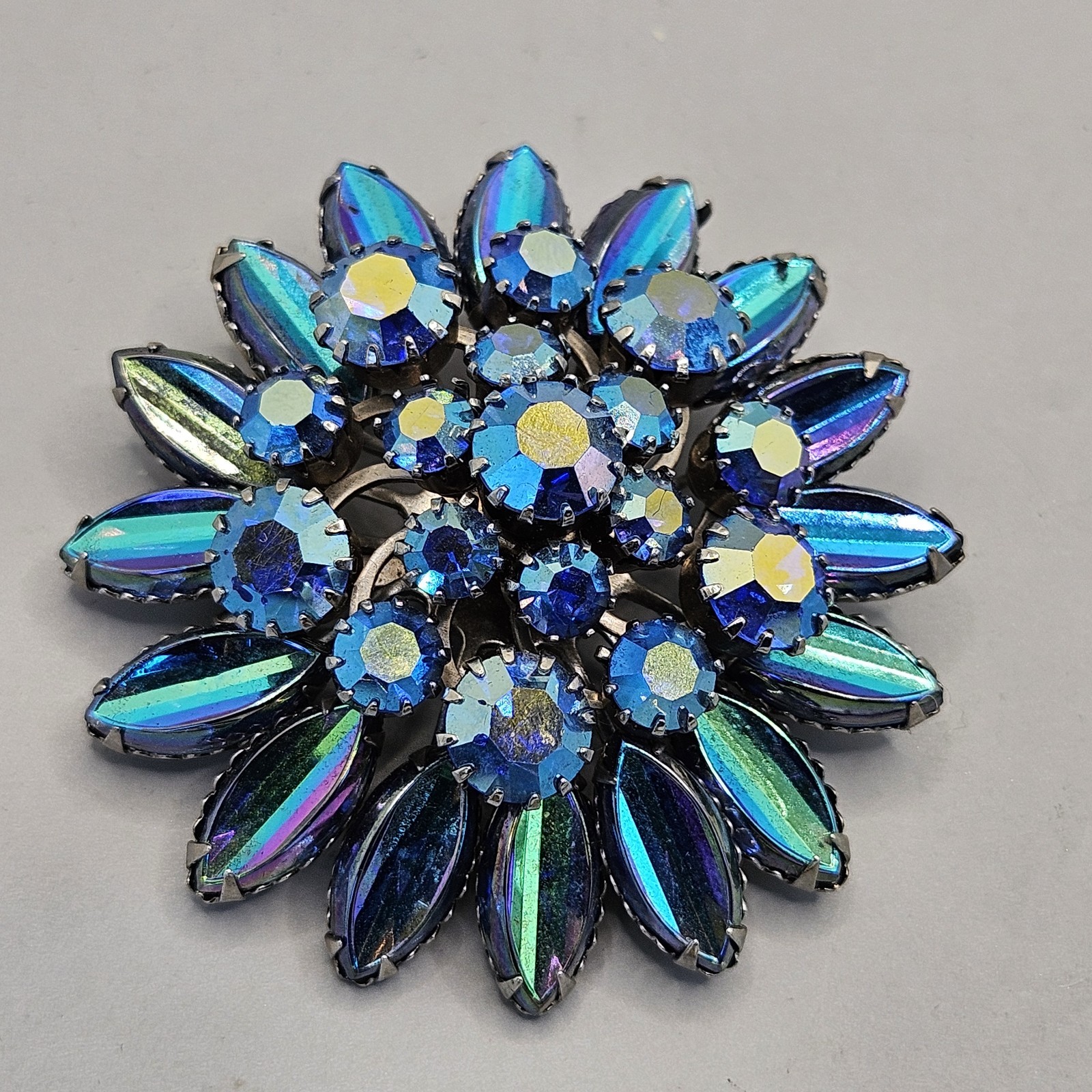 Vintage AB Rhinestone Brooch Flower Dome Cluster Peacock Blue Color