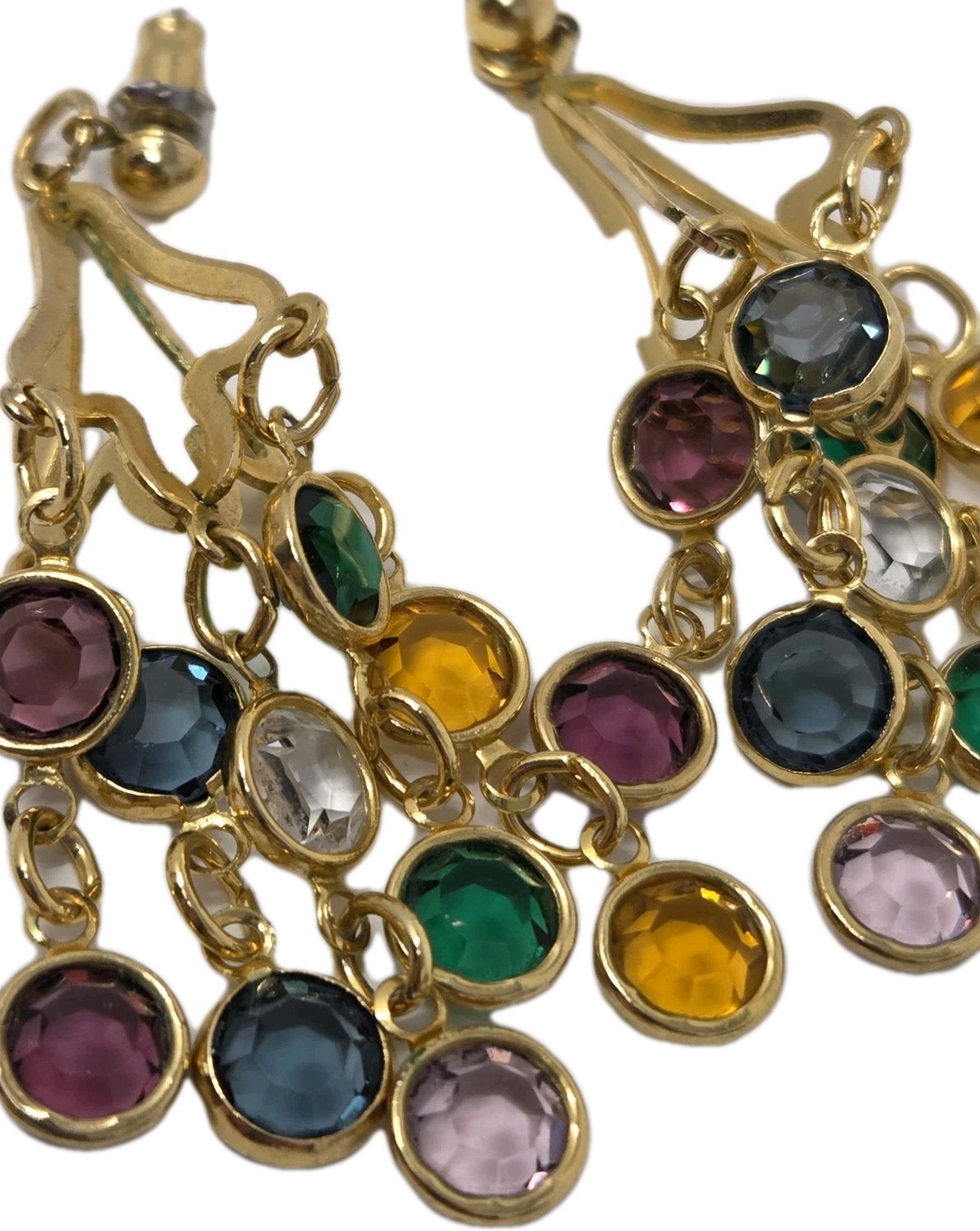 Multicolor Bezel Crystal Dangle Drop Earrings Multi-strand Vintage Unsigned