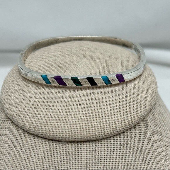 Vintage Taxco Mexico Hinged Sterling Onyx Charoite Malachite Azurite bracelet