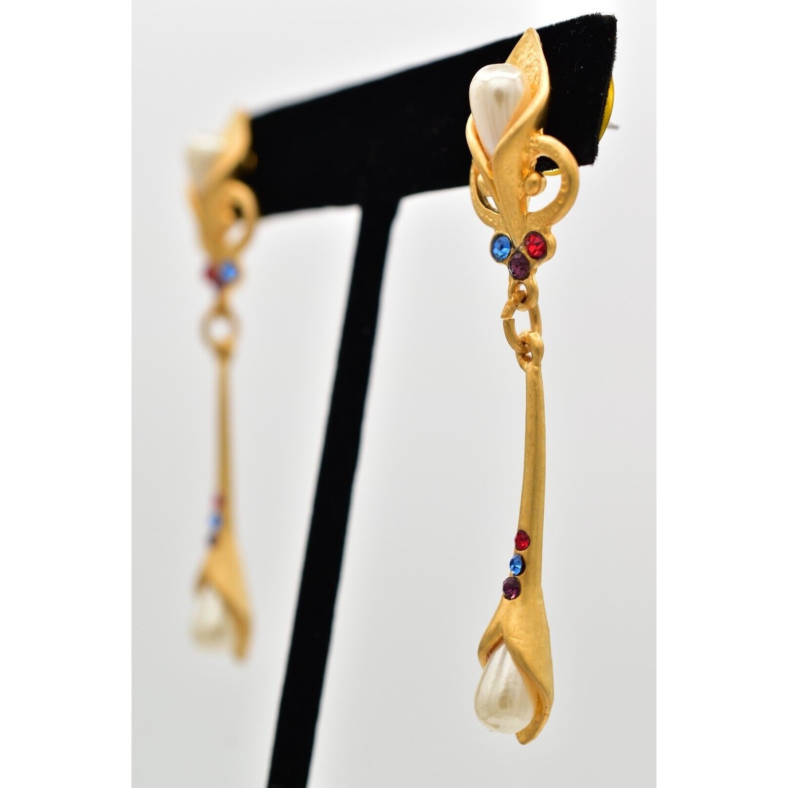 Vintage Pearl Crystal Dangle Earrings Drop Brushed Gold Matte NOS 1980s BinBK
