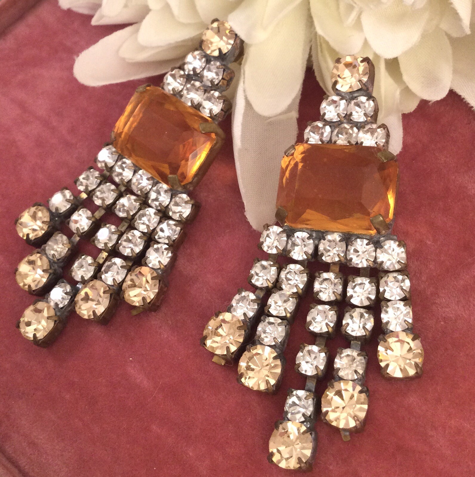 Vintage Jewellery Czech Earrings Champagne White Crystal Gold Antique Jewelry
