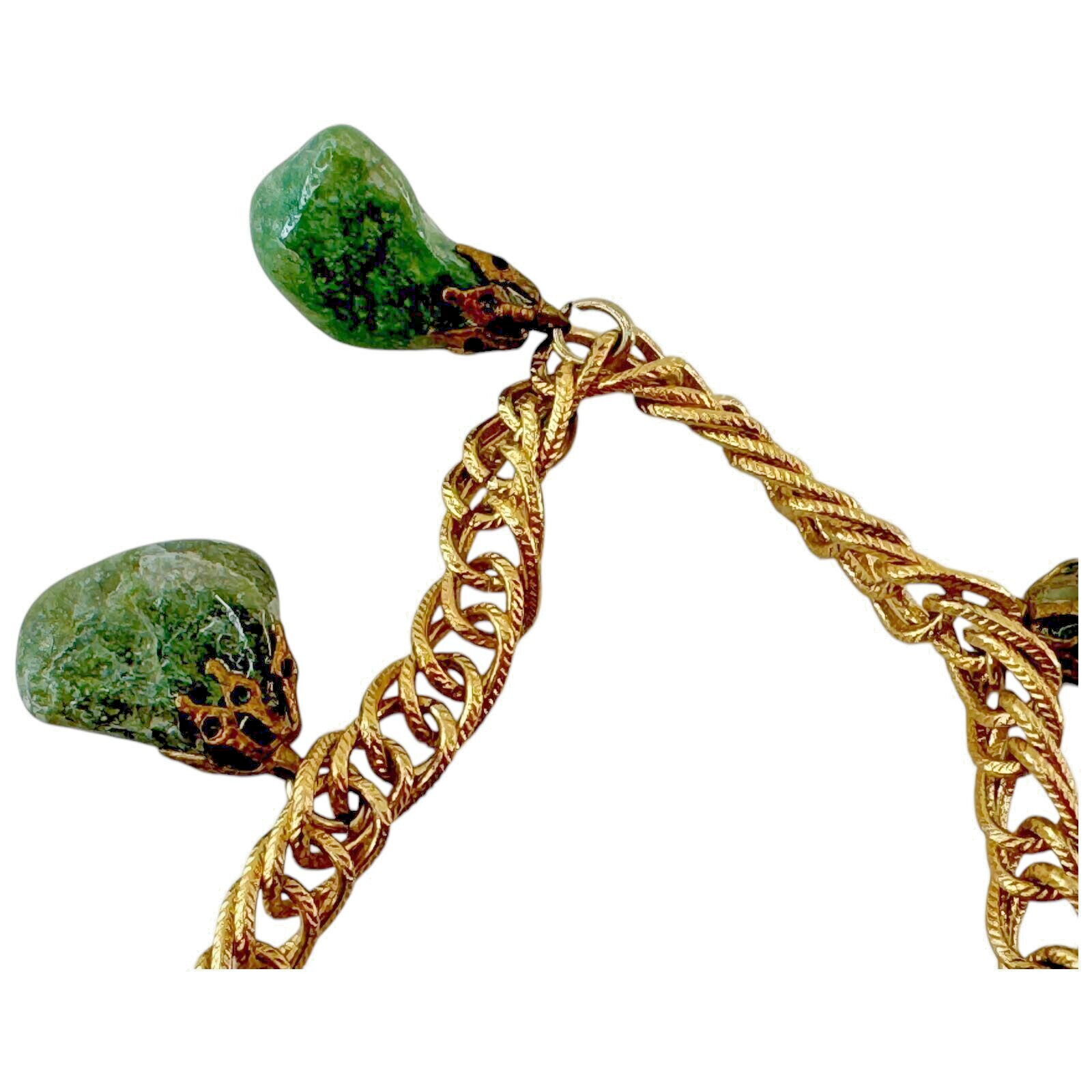 Vintage Epidote Polished Jadeite Stone Womens Chain Bracelet Green Gold Tone
