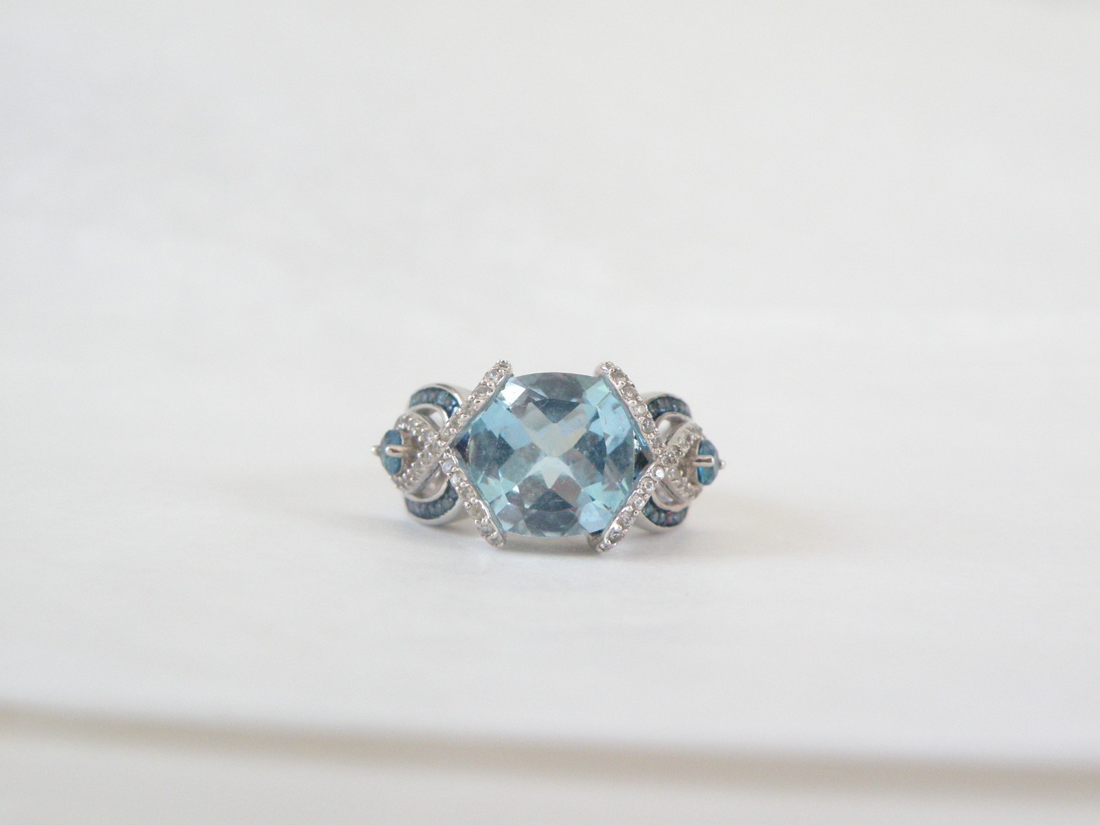 Vintage Style Sterling Silver 925 Natural Heated Blue Topaz Diamond Ring Size 6