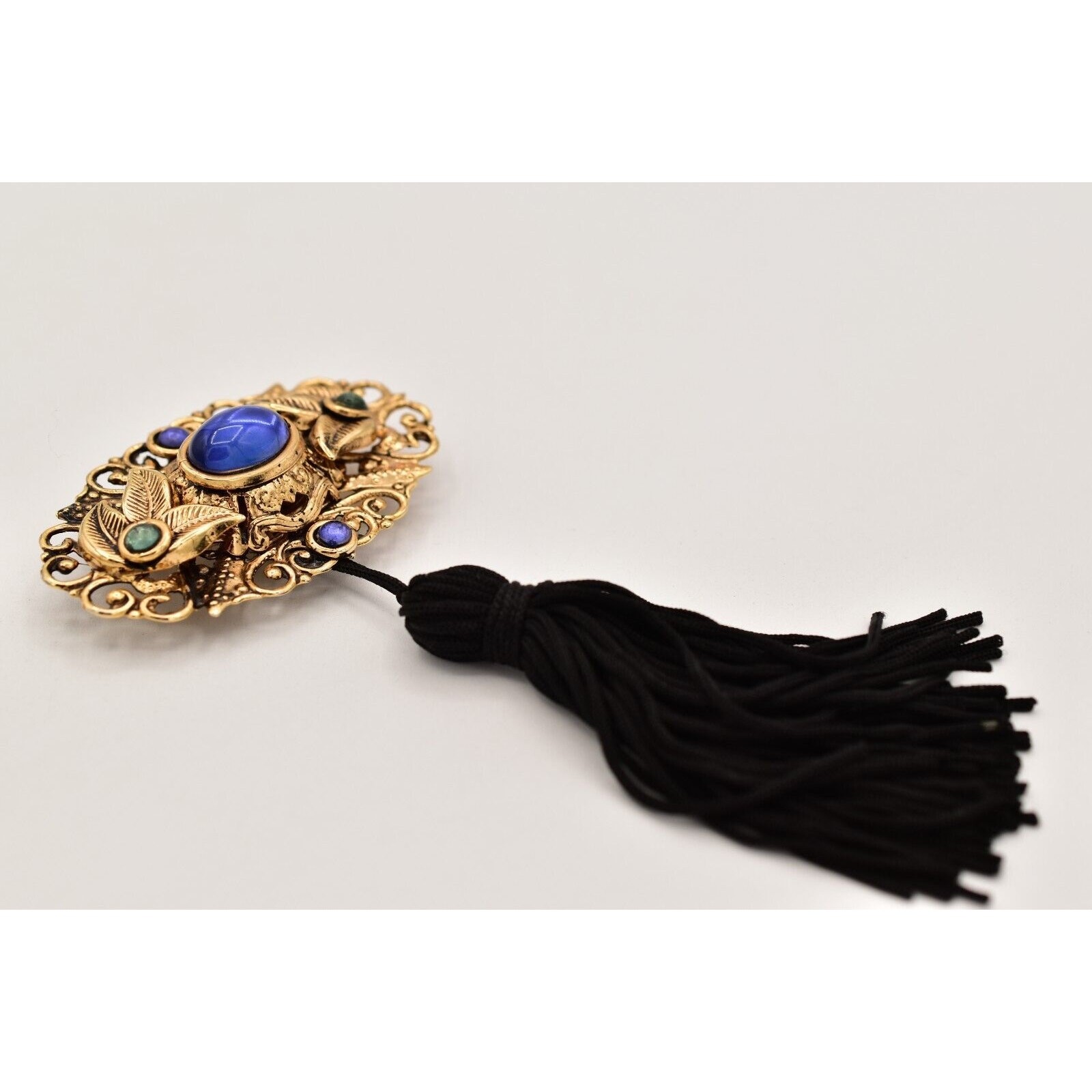 Vintage Cabochon Tassel Pin Brooch Lightweight Antiqued Gold Blue Black BinBG