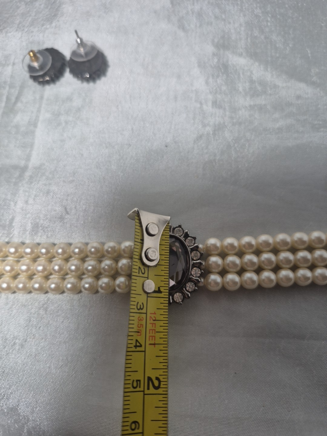 Vintage Faux Pearl 3 Strand Choker With Earrings Smokey Gray Rhinestones