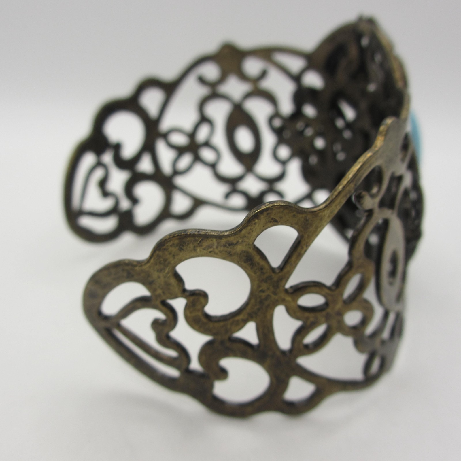 Vintage Open Cuff Bracelet Filigree Bronze Tone Blue Cabochon Statement