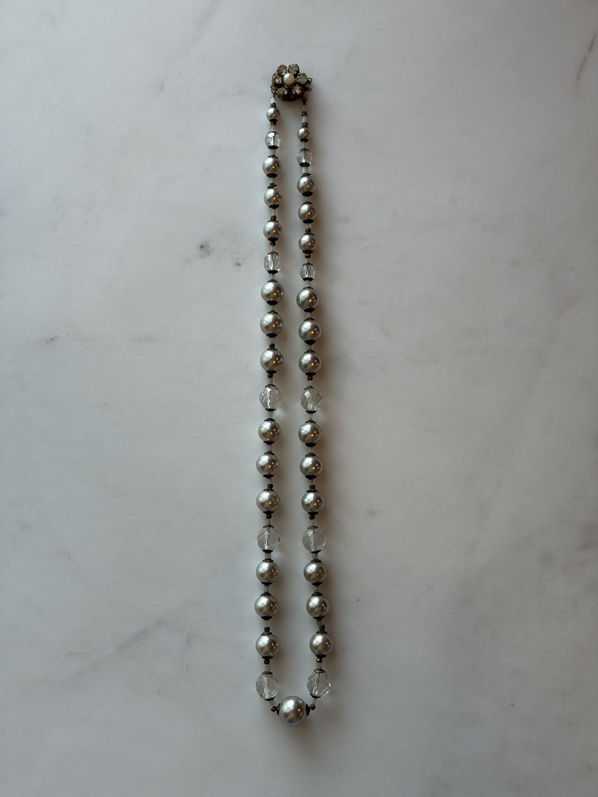 Vintage Miriam Haskell 22″ Grey Pearl & Faceted Crystal Necklace Flower Clasp