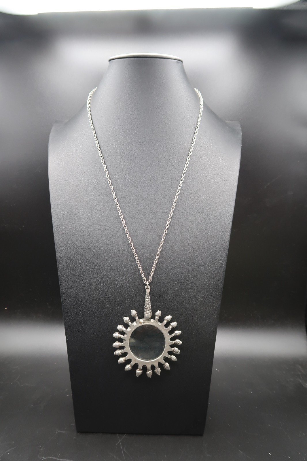 Vtg Pewter Sunburst Magnifying Loupe Pendant Necklace Metzke Signed Shell Bail