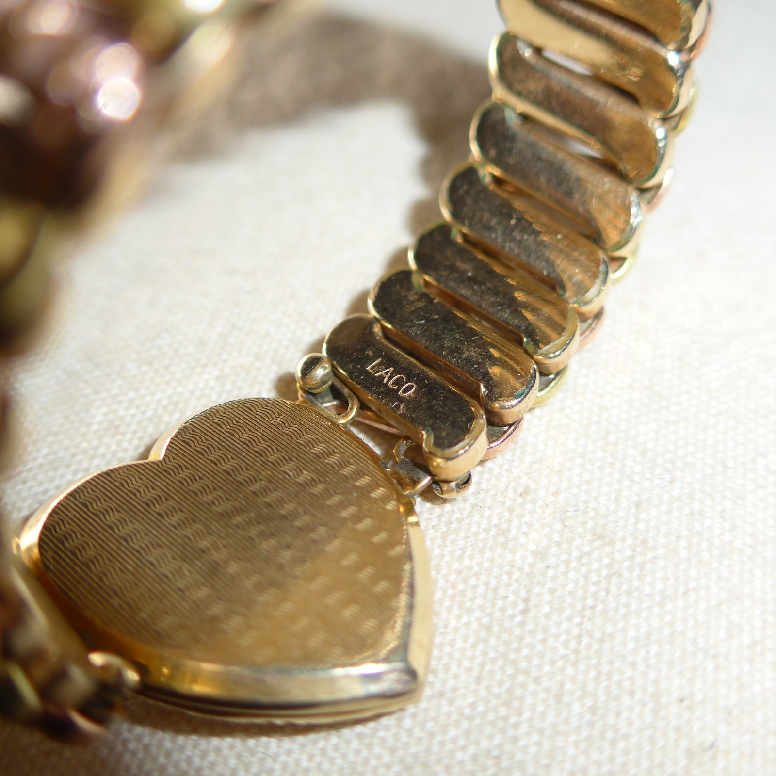 Vintage WWII LACO Sweetheart Expansion Bracelet Gold Tone Heart Locket