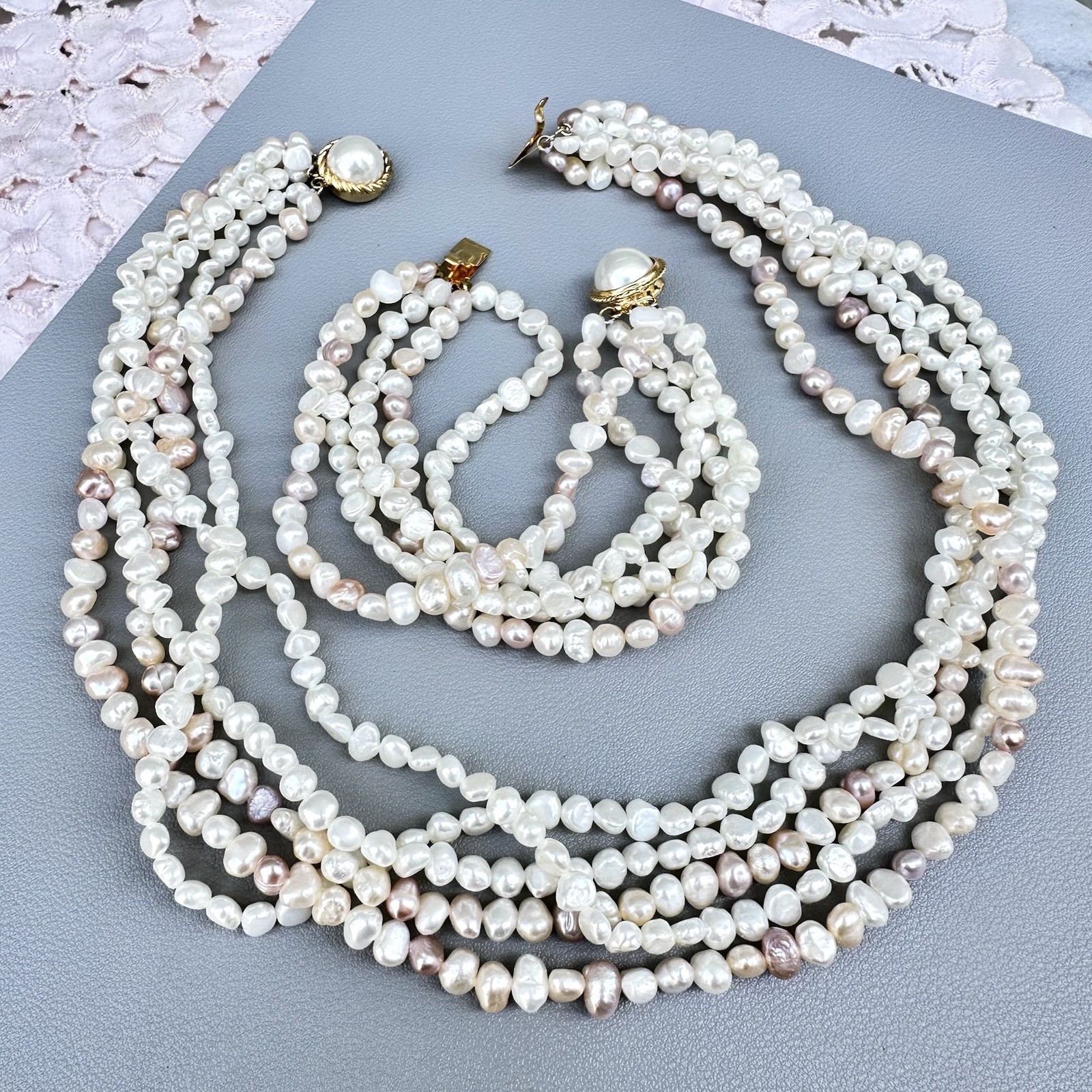Freshwater Pearl Necklace Bracelet Set White Blush Pink Convertible Multi-strand