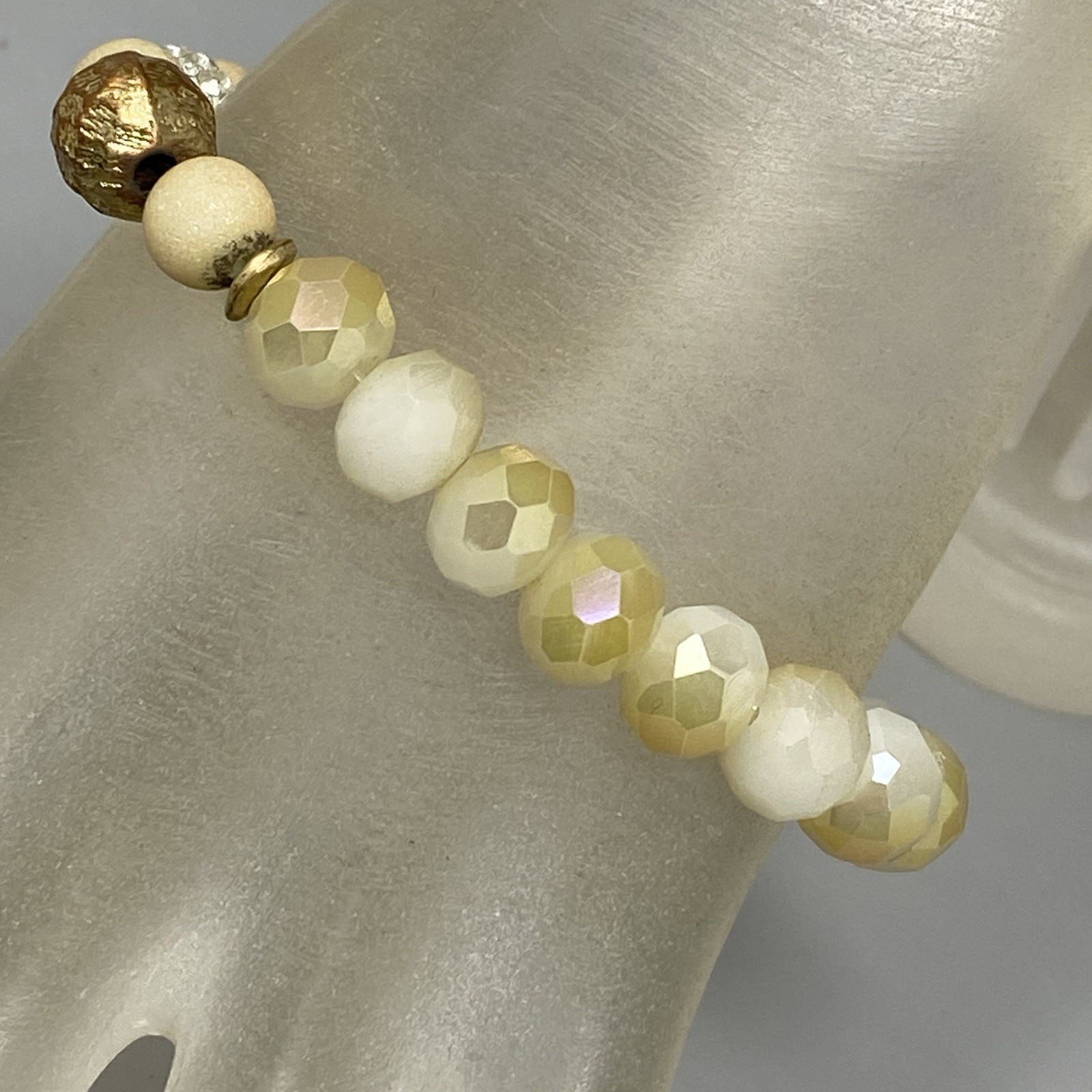 Glass Beaded Bracelet White Opaque Yellow Fire Polished Faceted Stretch 7″