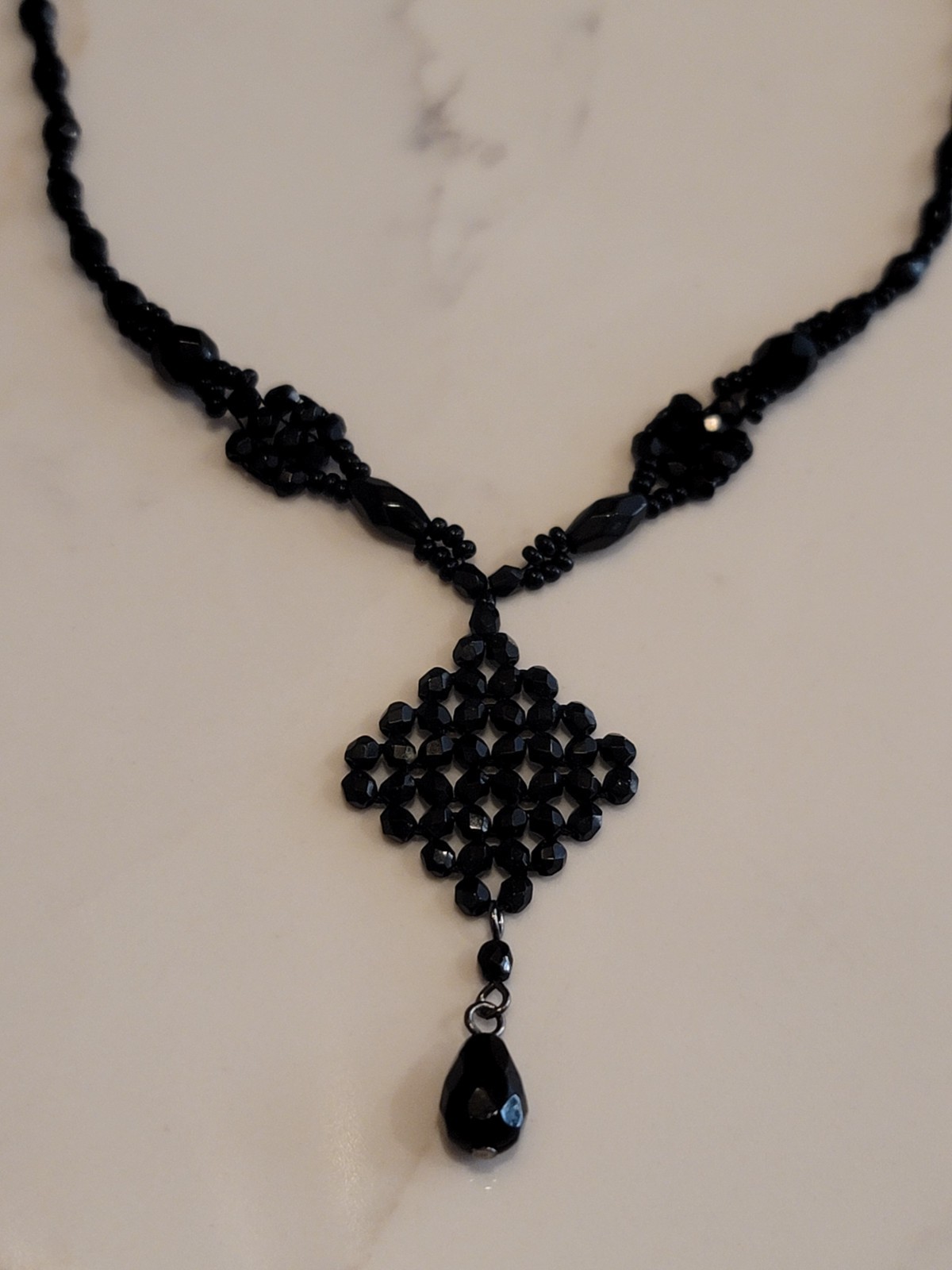 Vintage Black Faceted Bead Necklace Teardrop Pendant Gothic Formal 18″