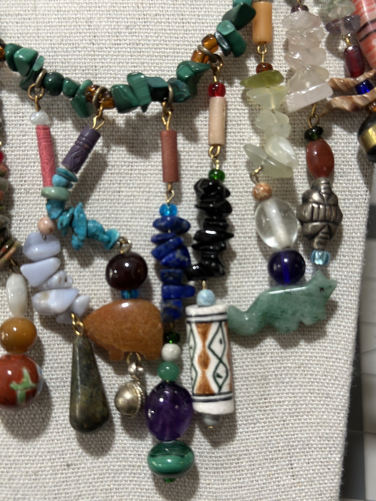 Vintage Multi Gemstone Charm Necklace Green Bead Strand Dangle Drop Boho Ethnic
