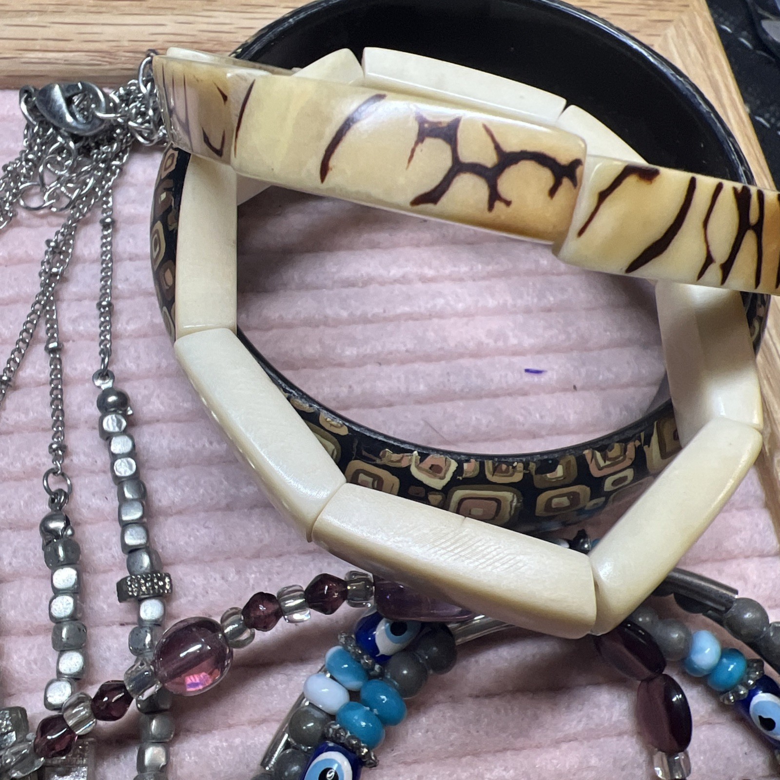 BOHO Vintage Jewelry Lot. Real Shell, Bone And Wood Bracelets, Glass Rings #V37