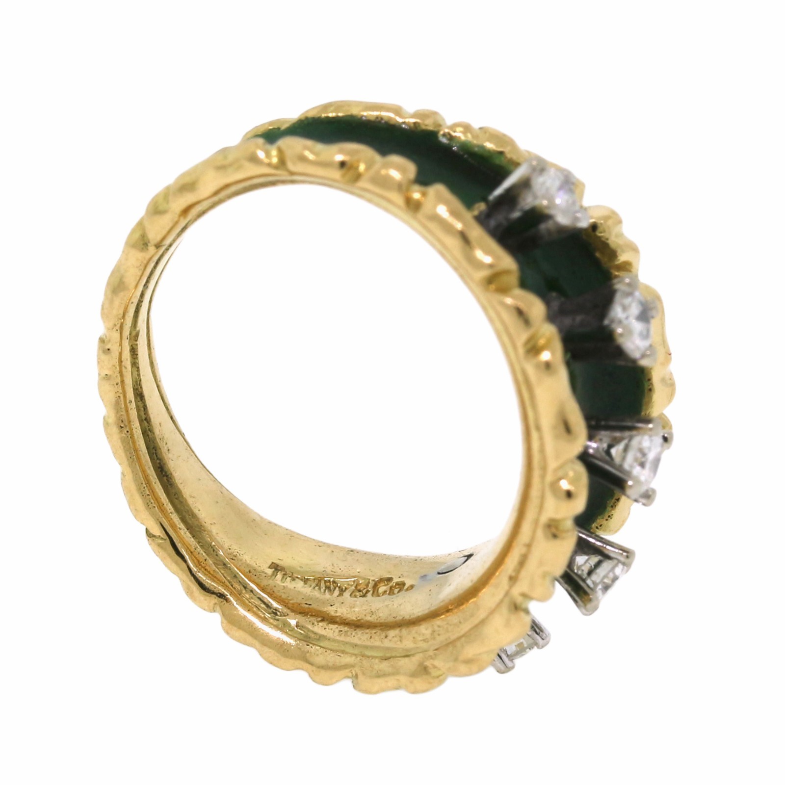 Tiffany & Co 18K Yellow Gold Diamond Green Enamel Ring Size 4.75