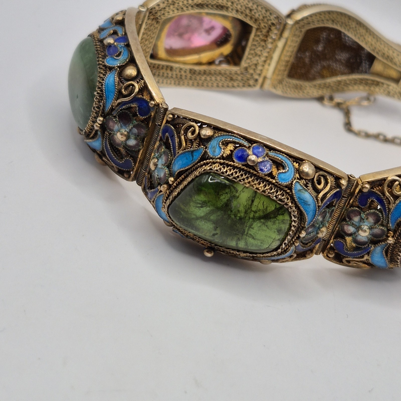 Vintage Silver W/ Gold Wash Chinese Export Tourmaline Enamel Filigree Bracelet