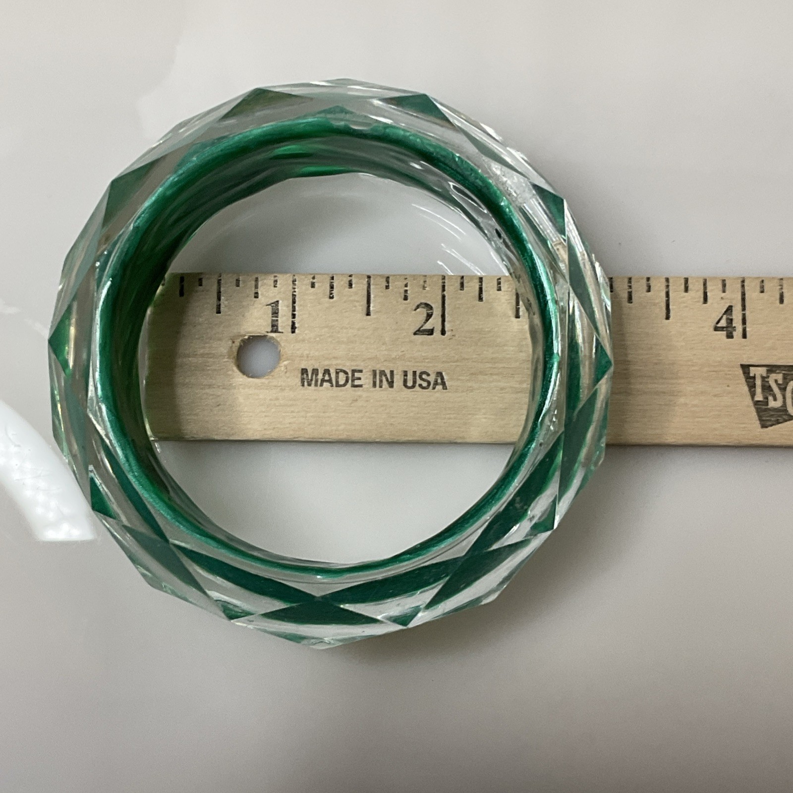 Vintage Acrylic Bangle Bracelet Swirled Green Faceted Molted Plastic Size 8