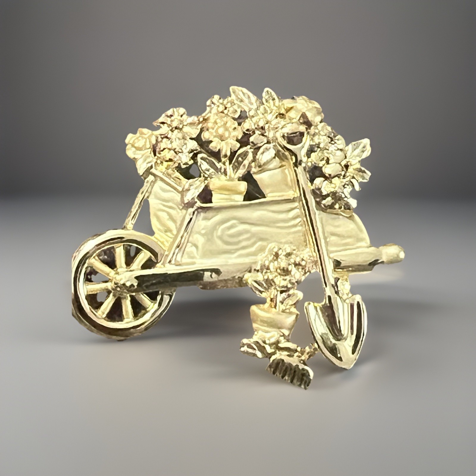 Vintage AJC Wheelbarrow of Flowers Brooch Spring Garden Gold Tone Signed Pin