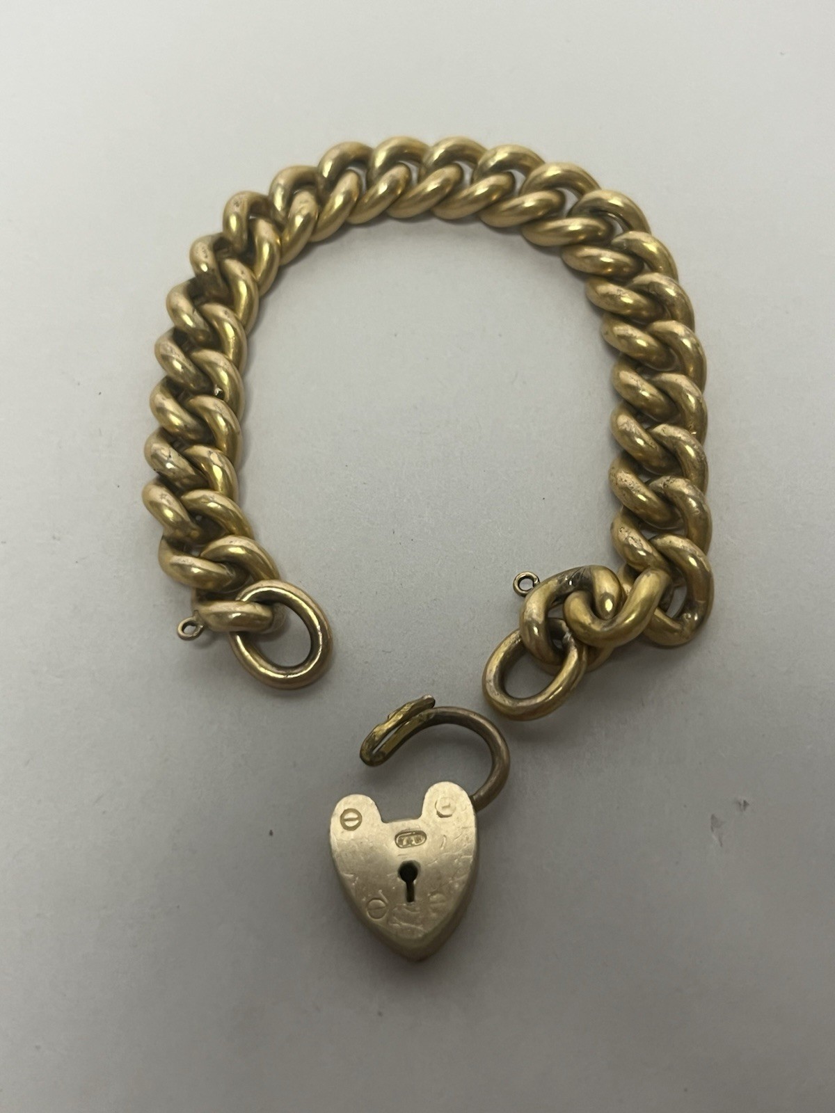 Heavy 34g Antique Victorian T*H Gold Filled Curb Link Bracelet Heart Padlock 7″