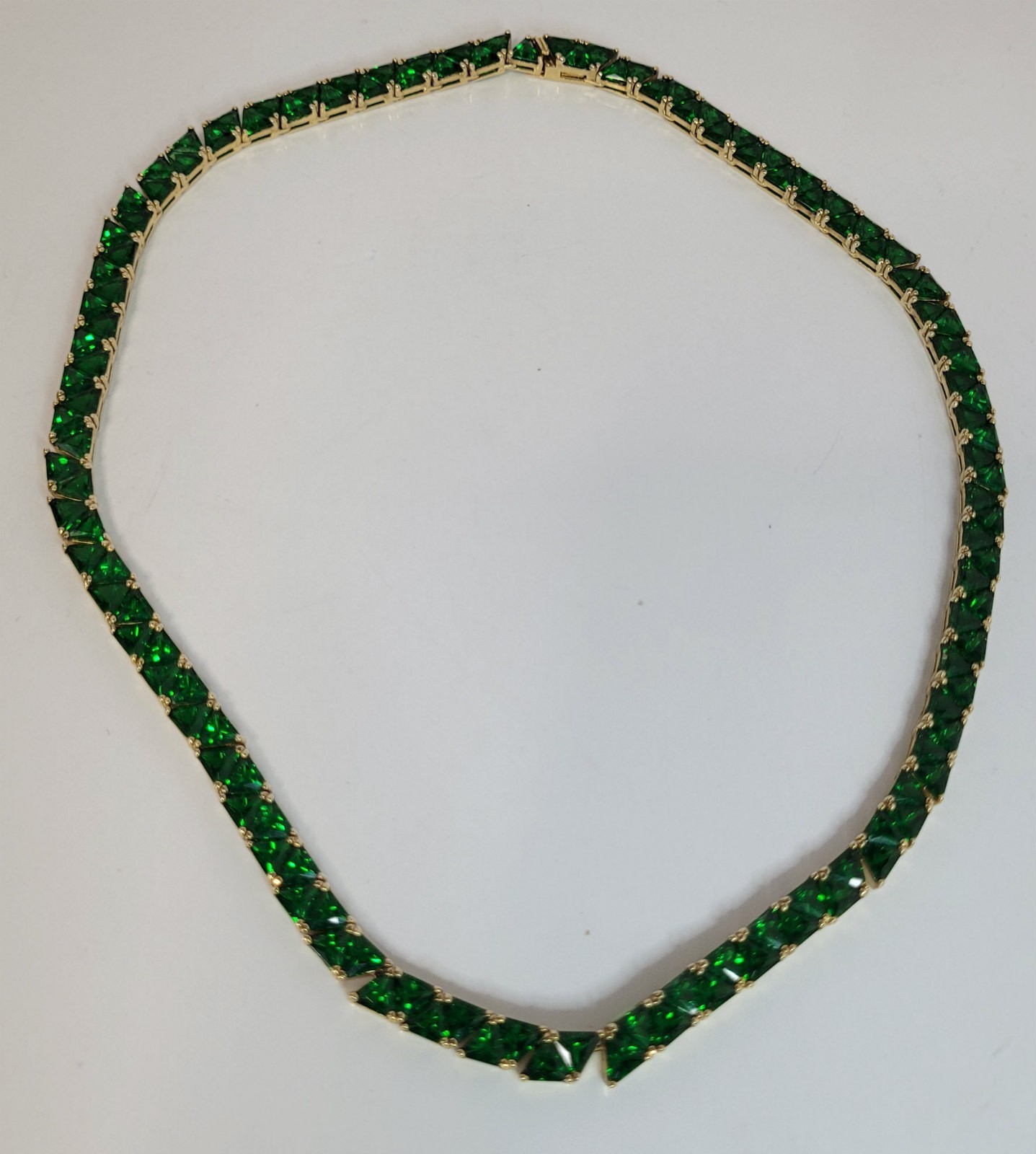 Green Trilliant CZ Sterling Tennis Necklace gold vermeil trillion 50 grams