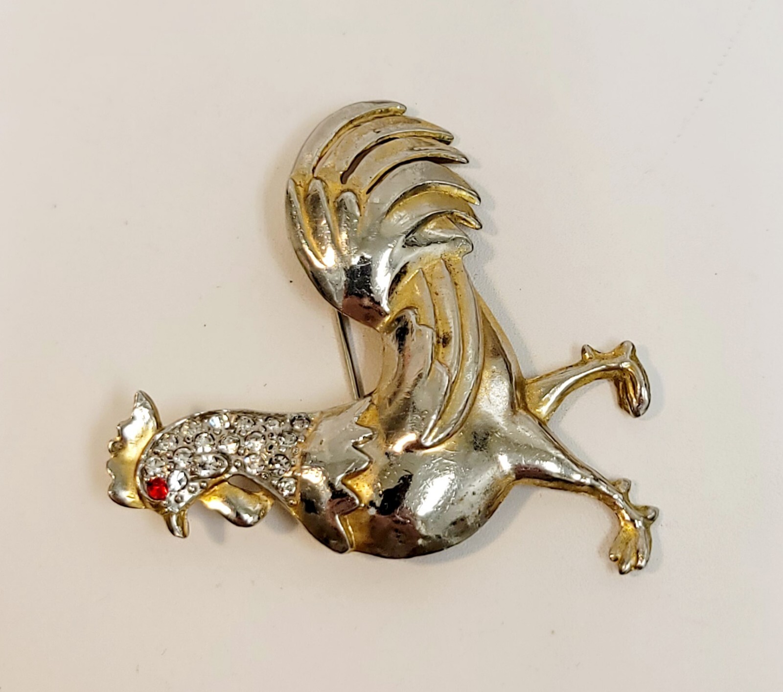 Vintage Clear Red Rhinestone Rooster Chicken Brooch