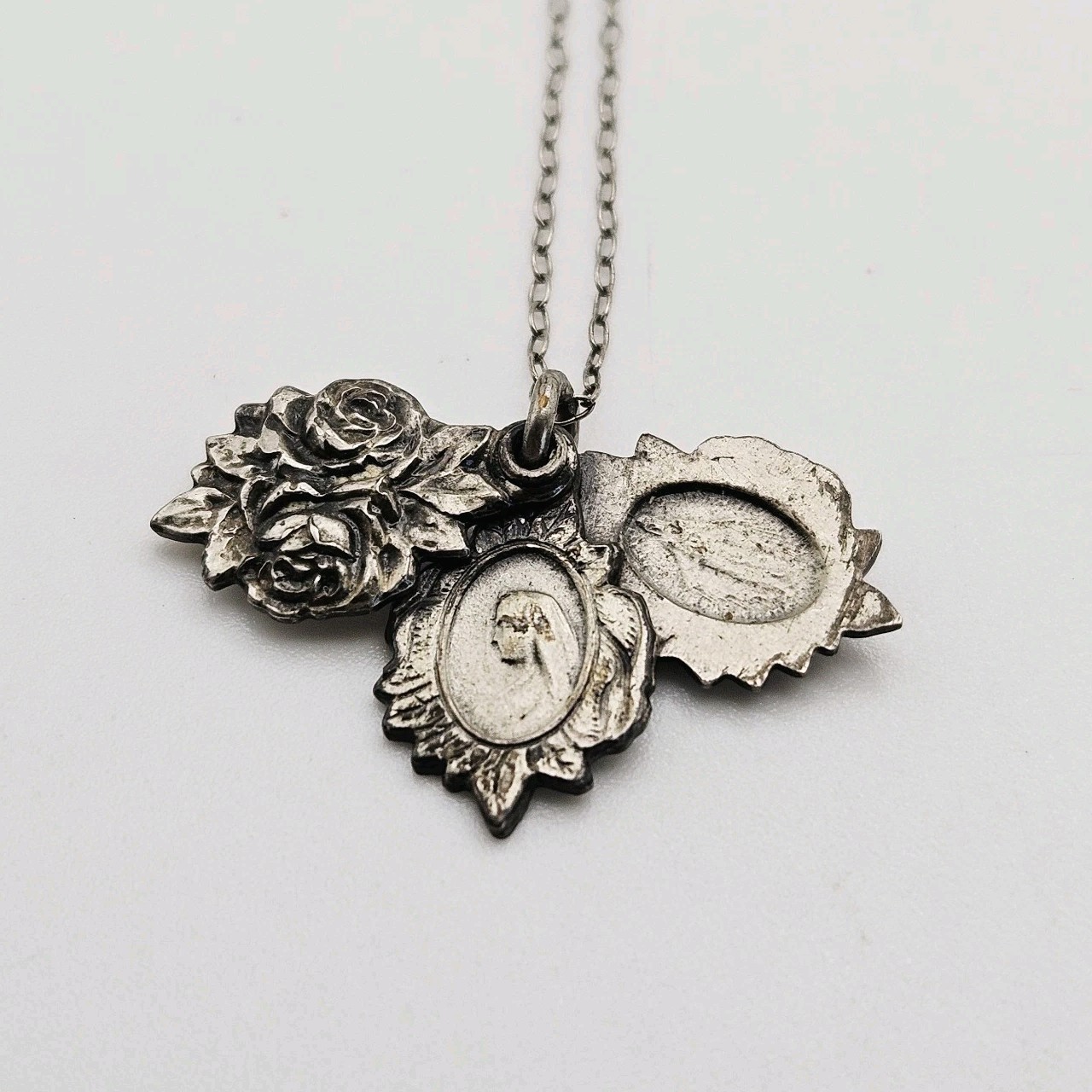 Sterling Silver Miraculous Mary Sliding Rose Pendant Medal Catholic charm