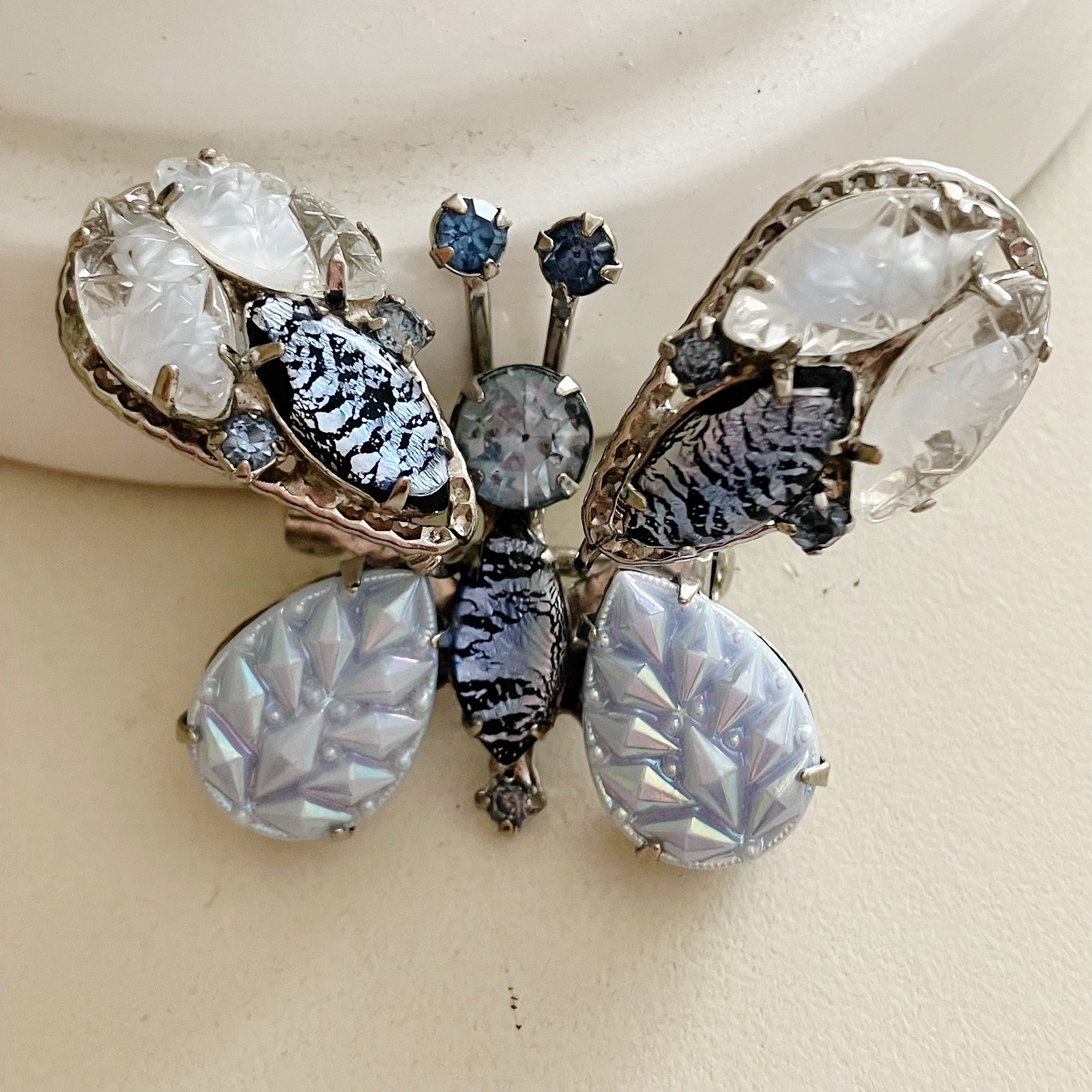 Vintage Butterfly Trembler Brooch Silver Filigree Foil Glass Stones Molded Art