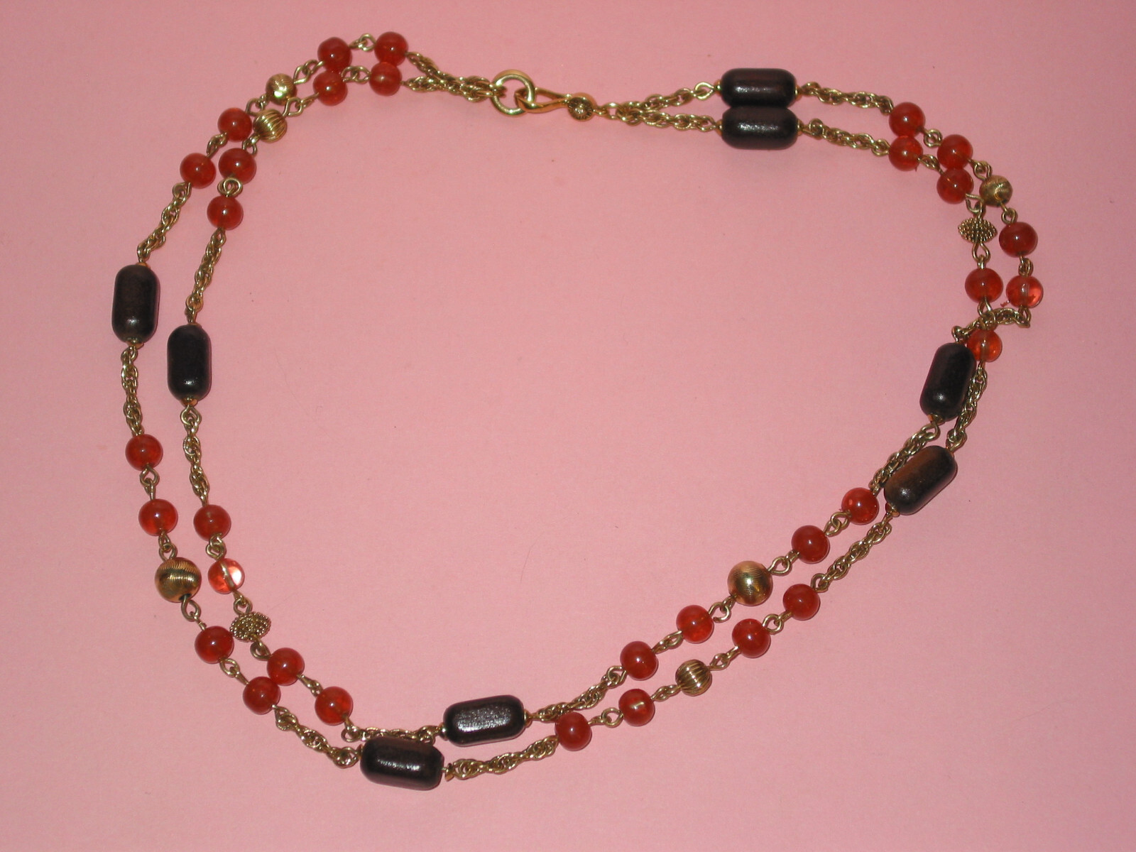 MONET ~ Vintage Gold Tone Two Chain Necklace With Brown & Orange Beads