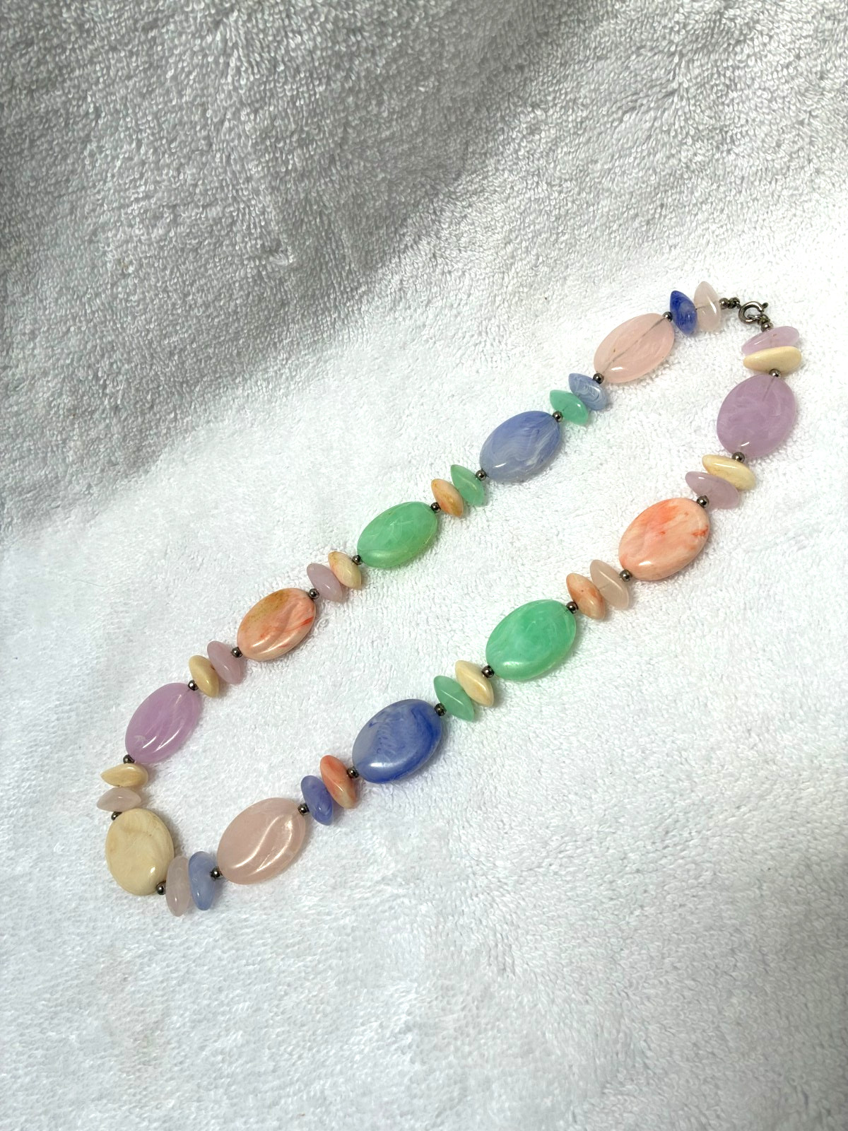VTG Necklace 1950s Lucite Multi Color Pastel Beads Silver 21″ Stone Shape