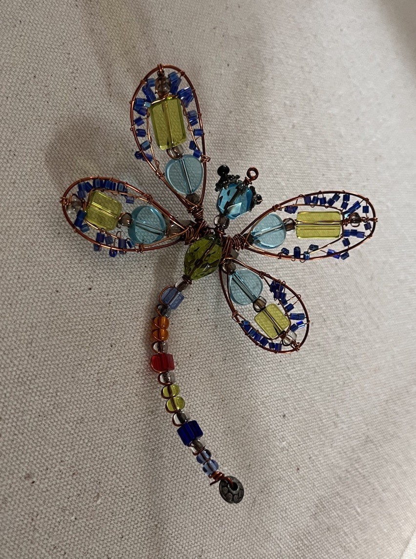 Vintage Handmade Copper Wire Multicolor Glass Beaded Dragonfly Large 4” Brooch