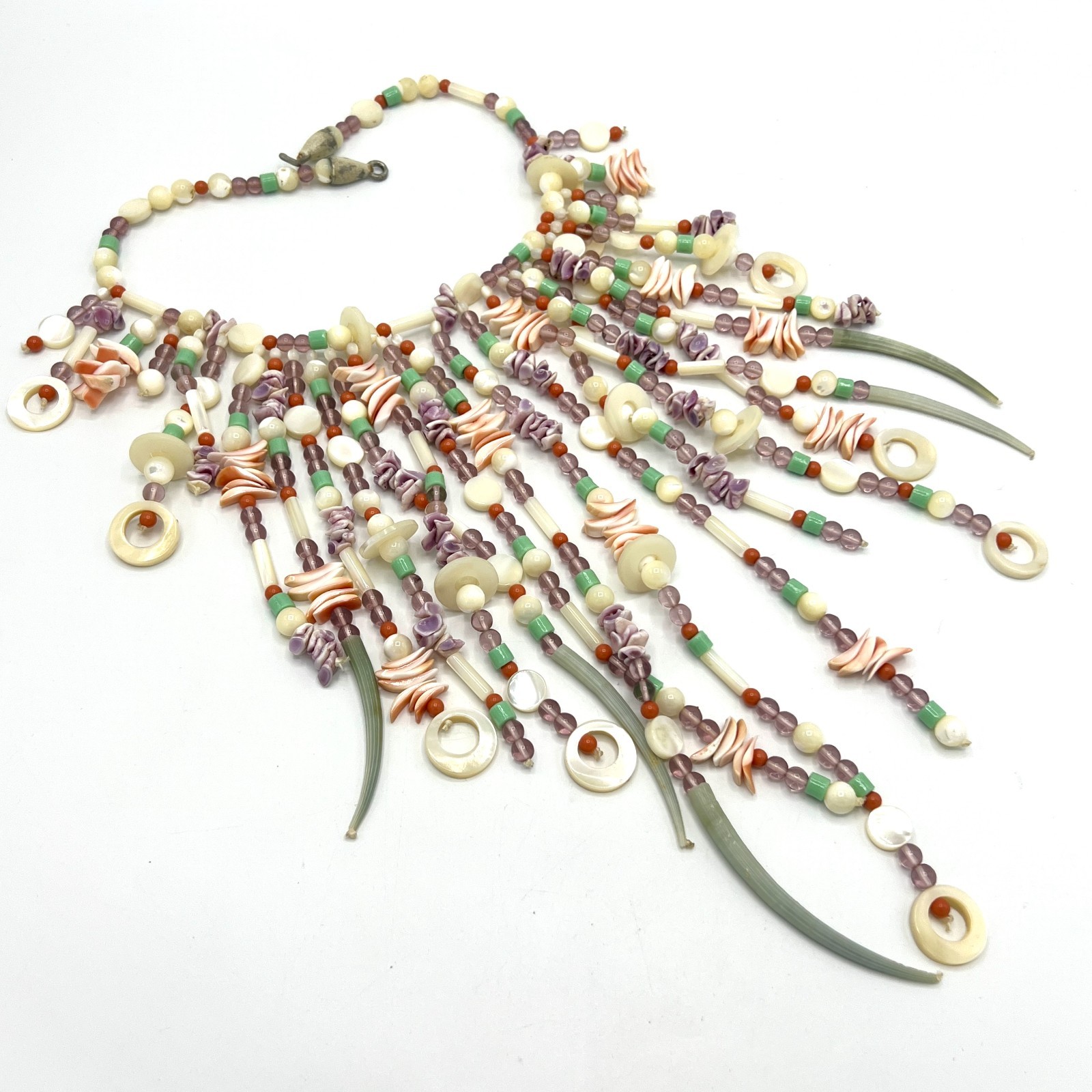 Vtg Runway Bib Necklace Mother of Pearl Amethyst Mineral Beaded Fringe Statement