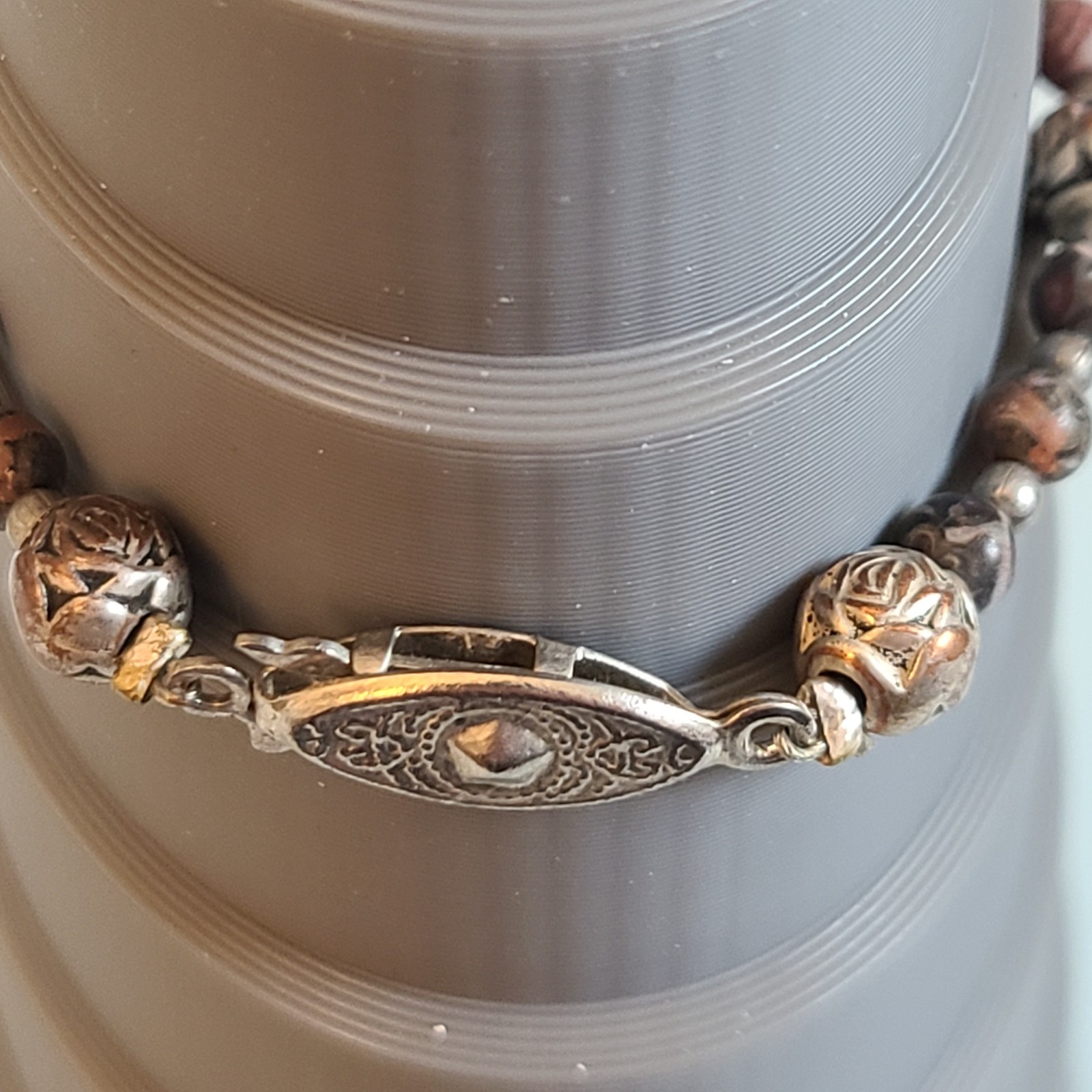 Vintage Silver Tone Rose & Agate Beaded Bracelet SMALL 6 INCH