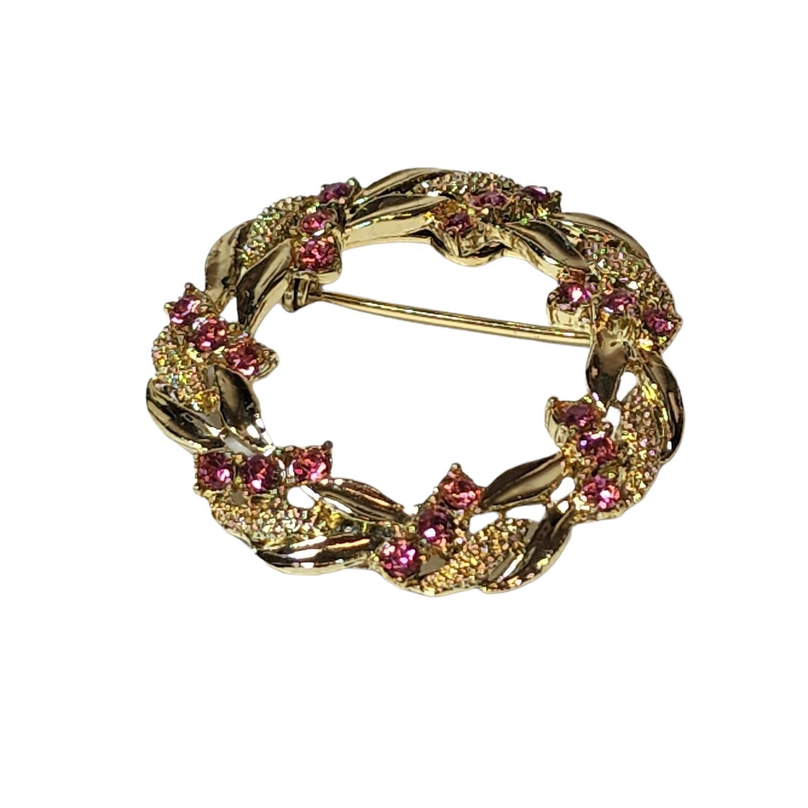 Vintage Signed Garry’s Brooch Gold Tone Pink Rhinestones Wreath Circle Floral