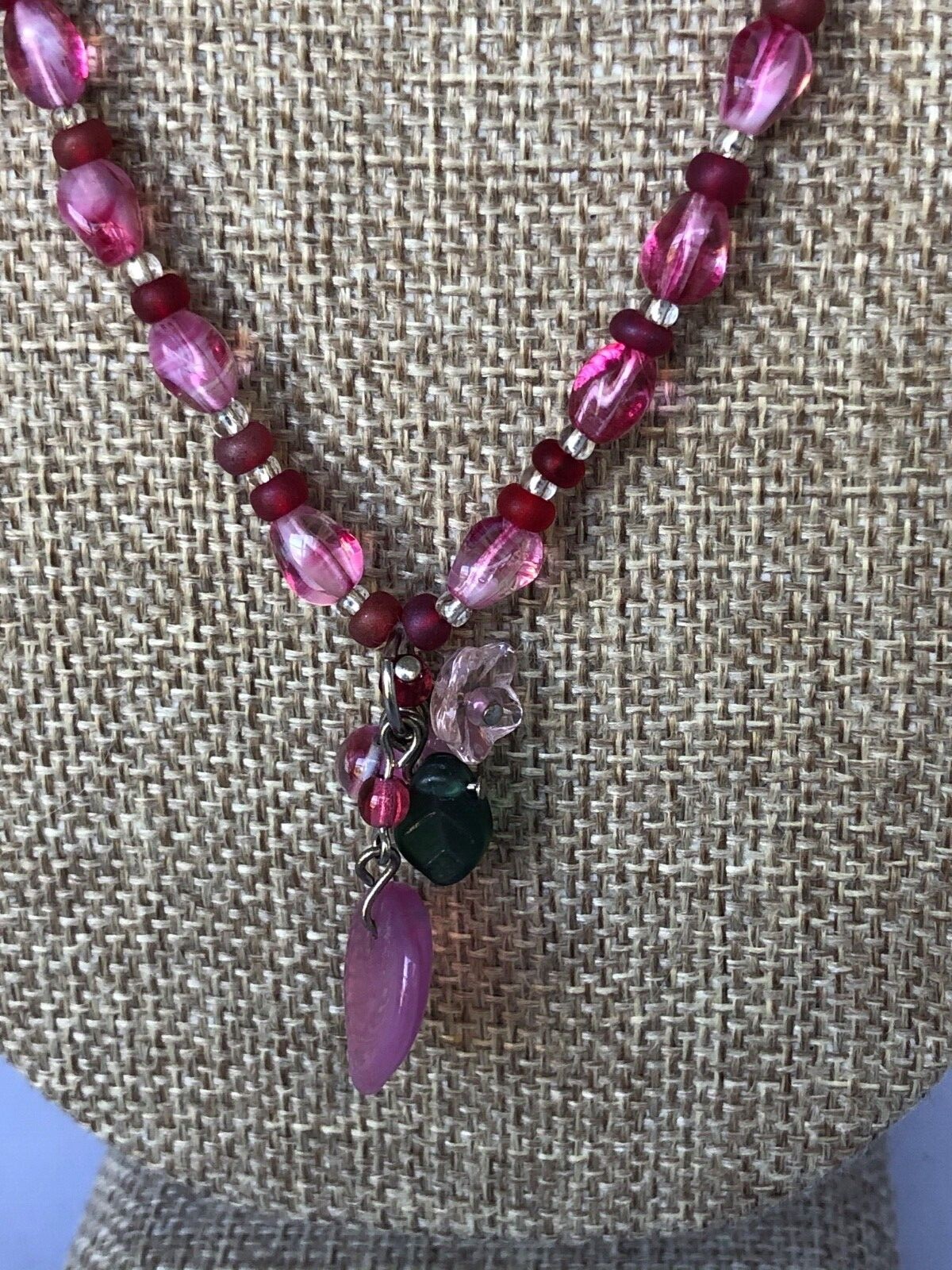 Beautiful, Delicate Pink Czech Glass Necklace with Hearts-and-Flowers Pendant