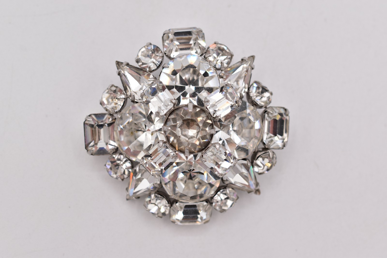 Vintage Clear Rhinestone Cluster Brooch Pin Silver Prong Baguette Crystal BinBP