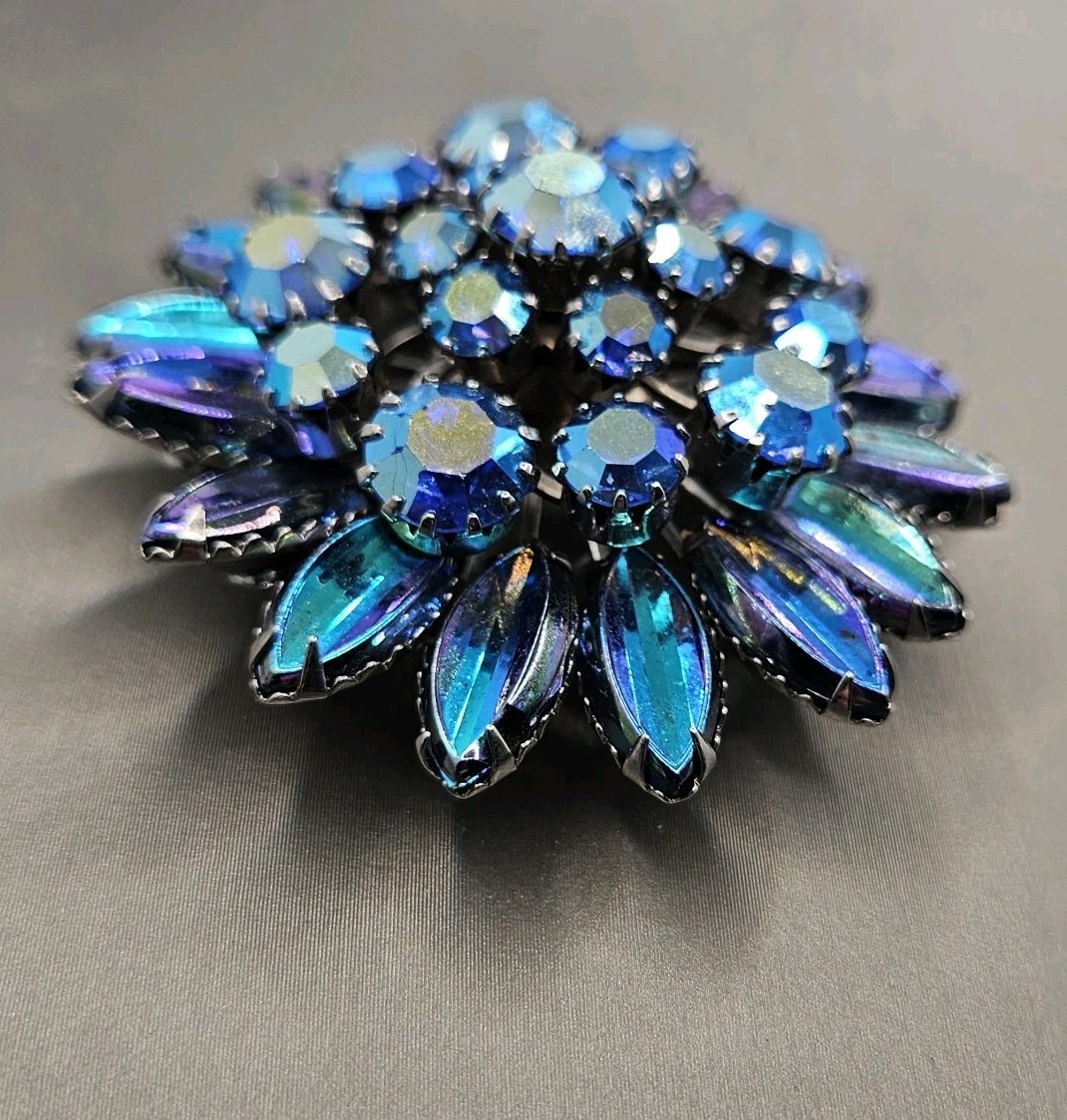 Vintage AB Rhinestone Brooch Flower Dome Cluster Peacock Blue Color