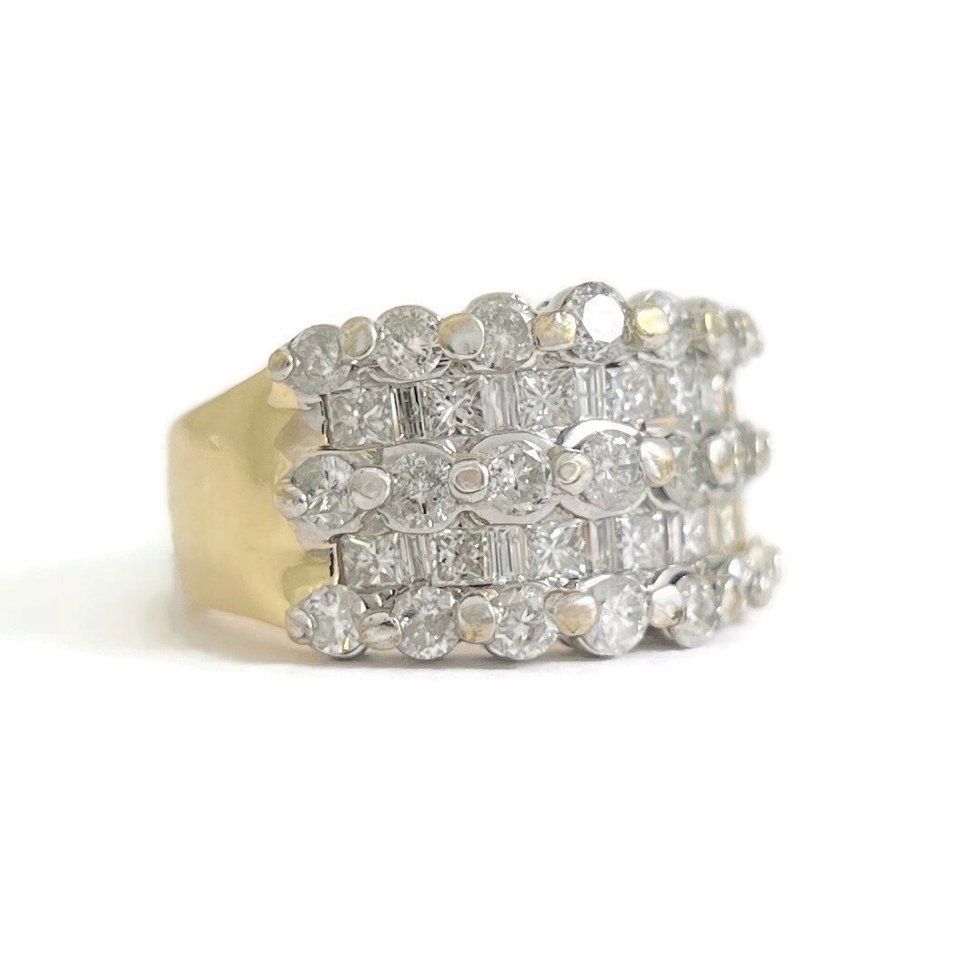 Vintage Wide Two-Tone Multishape Diamond Ring 14K White Yellow Gold, 8.88 Grams