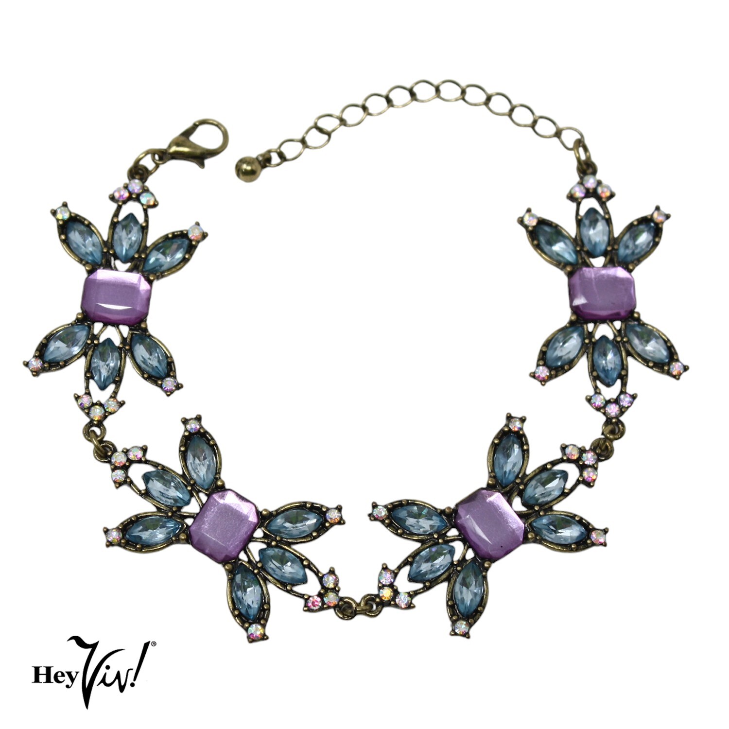 Vintage Statement Rhinestone Bracelet Purple and Blue Flowers 9″ Long – Hey Viv