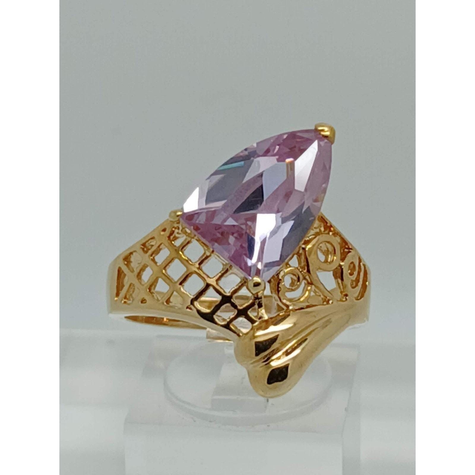 Vintage 1990s Bold Gold Tone Purple Lilac Statement Ring New-Old-Stock Size 8