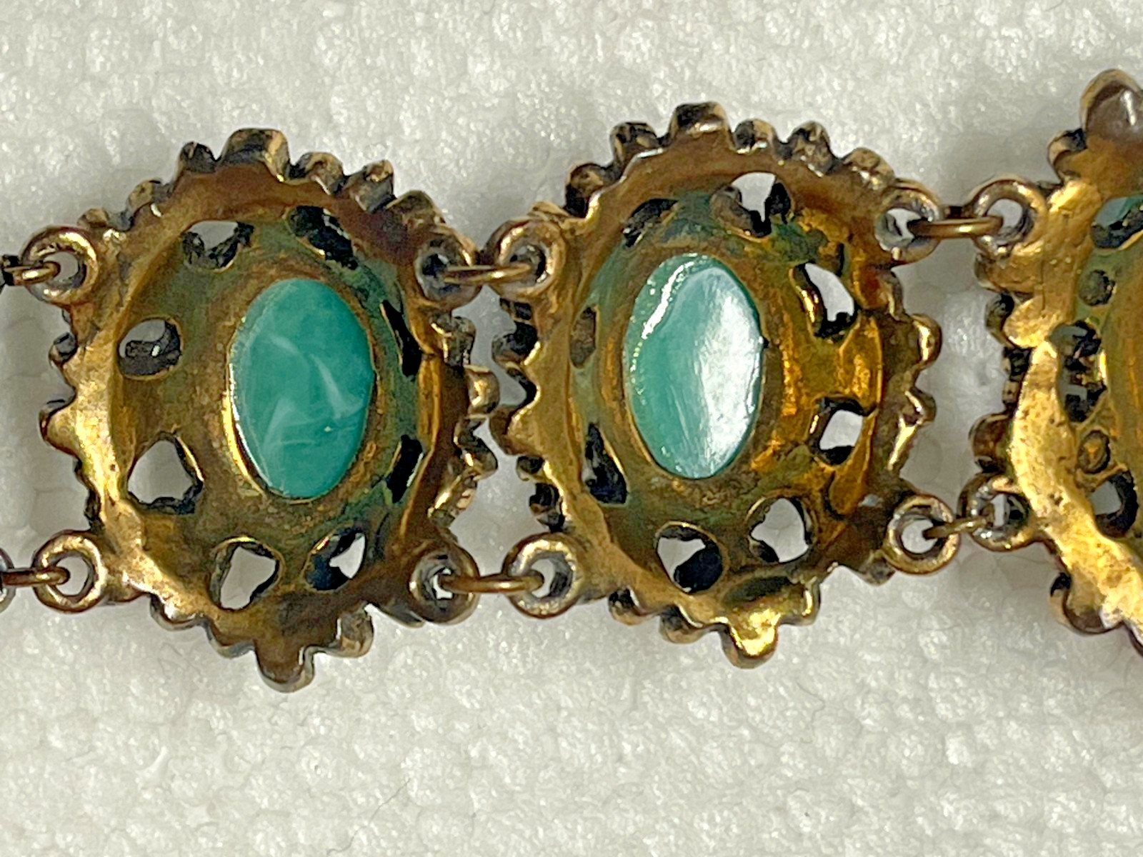 Vintage Selro or Selini Teal Green Faux Pearl Cabochon Chunky Link Bracelet