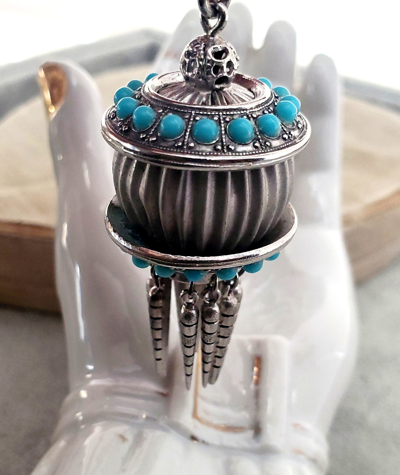 Vintage Victorian Revival Lantern Tassel Turquoise Glass Pendant Necklace