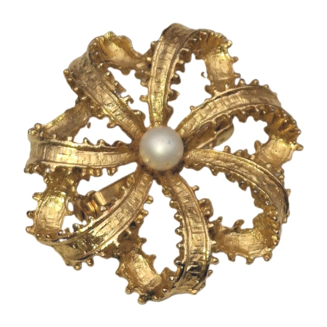 Graziano Vintage Signed Gold Tone Flower Brooch with Pearl Center Almost 2″ EUC