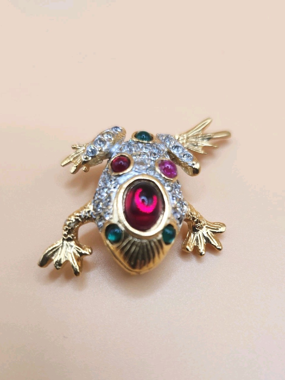 Vintage 80s Cabochon Gripoix Glass & Crystal Pavé Frog Brooch By Sphinx